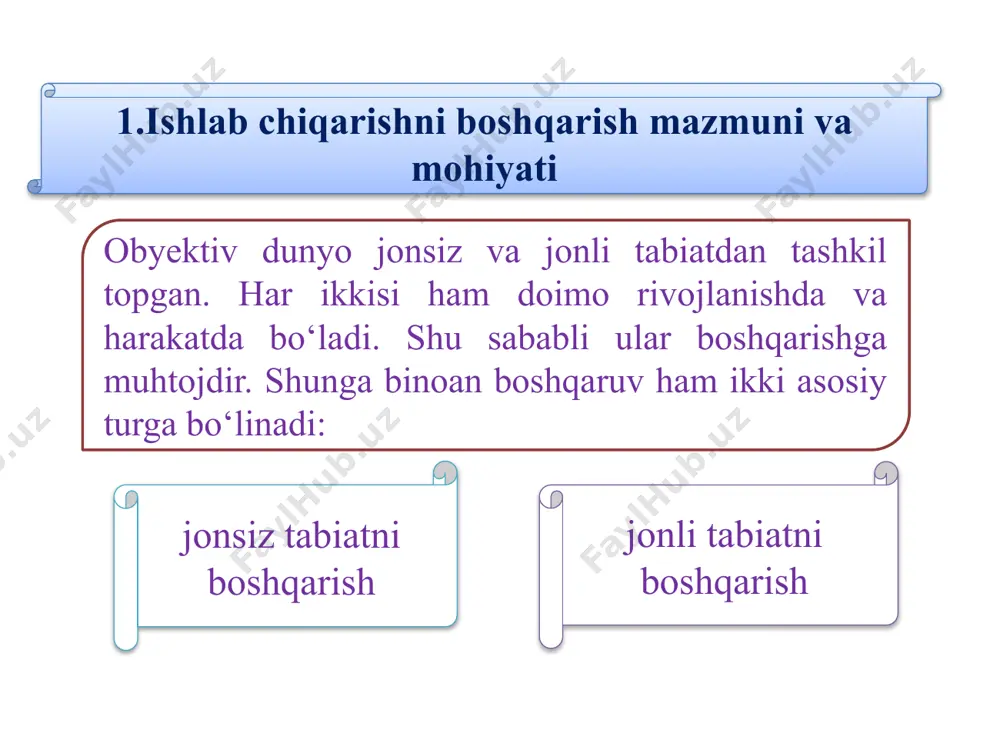 alanish 4. xatoliklar va nosozliklarni oldini olish 5. mahsulotni yaxshilash imkoniyatlarini yaratish 6. sertifikatlash va standartlarga rioya qilish 7. xarajatlarni boshqarish 8. ishlab chiqarish samaradorligini oshirish 9. huquqiy va ma'naviy mas'uliyat sifatli tovar deganda uning mustahkamligi, chidamliligi, iste’mol xususiyatlari, tashqi ko‘rinishi standartlashtirilganlik darajasi, tayyorlanish texnologiyasi va boshqalarni o‘zida jam etgan tovar tushuniladi. mahsulot sifati mazkur tovardan, ma’lum ijtimoiy ehtiyojning mazkur iste’mol qiymatidan qoniqqanlik darajasini ifodalaydi. mahsulot sifati xom-ashyo, ishlab chiqarish vositalarining sifatini oshirishdan olinadigan iqtisodiy samarada namoyon bo‘ladi. sifatli tovar: mahsulot sifatiga quyidagi omillar ta’sir ko‘rsatadi: -ishlab chiqarish vositalari sifati; -xom-ashyo va materiallar sifati; -ishlovchilarning malakasi, ish qobiliyati, uyushqoqligi, tashabbuskorligi, izlanuvchanligi va ijodiy yondoshuvi; -ishlab chiqarishni tashkil qilish va boshqarish san’ati. 14 sifat menejmenti mahsulot ishlab chiqarishning har bir bosqichida sifat haqida qayg‘urishni anglatadi. shu nuqtai nazardan sifatni boshqarish jarayoni quyidagi bosqichlarni o‘z ichiga oladi: -ishlab chiqarishgacha - konstruksiyalash, samarali texnologiyani, standartlarni ishlab chiqish va h.k.; -ishlab chiqarish jarayonida - …