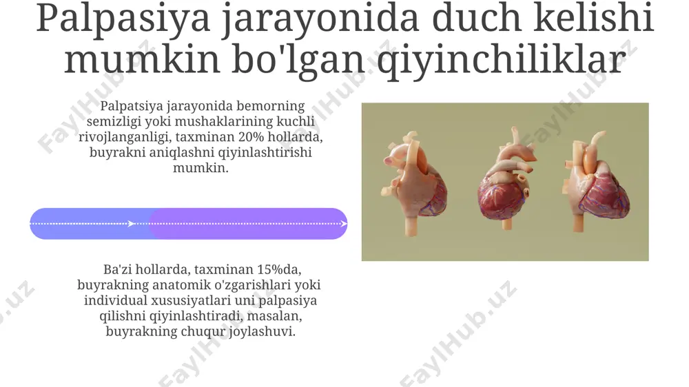hganligini, masalan, 12-qovurg'adan pastga tushganini ko'rsatishi mumkin, bu esa buyrak o'smasi yoki pielonefritga ishora qilishi mumkin. amaliy mashqlar va ko'nikmalarni mustahkamlash buyrakni palpasiya va perkussiya qilish bo'yicha amaliy mashg'ulotlar 5-10 talik guruhlarda o'tkazilishi va har bir talaba kamida 3 marta mustaqil bajarishlari tavsiya etiladi. to'g'ri bajarilishini baholash mezonlari sifatida 10 balllik shkala qo'llanilib, palpasiya va perkussiya texnikasi, aniqlik va topilmalarni ta'riflash ko'nikmalari baholanadi. e'tiboringiz uchun rahmat @taqdimot_robot image4.jpg image5.jpg image6.jpg image7.jpg image8.jpg image9.jpg image10.jpg image11.jpg image12.jpg image13.jpg image14.jpg image15.jpg image16.jpg image17.jpg image18.jpg image1.jpeg image2.jpeg image3.jpeg