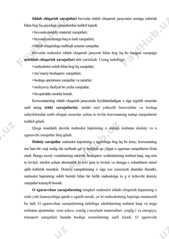 iston respublikasi vazirlar mahkamasining 1999 yil 5 fevraldagi 54-sonli qarori bilan tasdiqlangan «mahsulotlar (ishlar, xizmatlar) ni ishlab chiqarish va sotish xarajatlarining tarkibi hamda moliyaviy natijalarni shakllantirish tartibi to g risidagi nizom» ga muvofiq quyidagicha turkumlanadi: 1. mahsulot ishlab chiqarish tannarxini hosil qiluvchi xarajatlar ularning iqtisodiy mazmuniga ko ra quyidagi elementlar bo yicha ajratiladi: · ishlab chiqarishning moddiy xarajatlari; · ishlab chiqarish xususiyatiga ega bo lgan mehnatga haq to lash xarajatlari; · ishlab chiqarishga tegishli bo lgan ijtimoiy sug urtaga ajratmalar; · asosiy fondlarning eskirish; · ishlab chiqarish ahamiyatiga ega bo lgan boshqa xarajatlar. 2. ishlab chiqarish tannarxiga kiritilmaydigan, biroq asosiy faoliyatdan olingan foydani aniqlashda hisobga olinadigan davr xarajatlarining elementlari: · boshqaruv xarajatlari; · mahsulotni saqlash va sotish xarajatlari; · boshqa operatsion xarajatlar. 3. korxonaning umumxo jalik faoliyatidan olingan foydasini aniqlashda hisobga olinadigan moliyaviy faoliyat bo yicha xarajatlar: · foizlar bo yicha to lovlar; · mol-mulkni uzoq muddatli ijaraga (lizingga) olish …