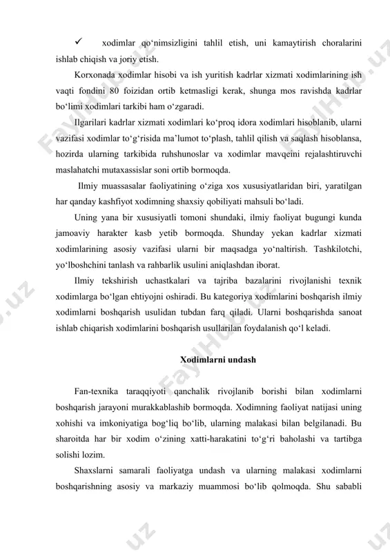 ni ma’lum bir maqsad sari o‘ziga xos yo‘naltirish, inson xatti-harakatini belgilovchi holatidir. frederik gersberg tomonidan xx asr 50-yillarning ikkinchi yarmida yaratilgan undash nazariyasini belgilovchi omillarini ikki guruhga bo‘lib talqin etadi. gigiyenik (ishga nisbatan tashqi munosabatlar) qaysiki ishdan qoniqmaslikni oldini oladi. bularga mehnatga normal sharoitlar, yyetarli ish haqi, rahbarni xodimga yaxshi munosabati va hokazolarni kiritish mumkin. undovchi(ichki) – bu har bir xodimning maqsadni ko‘ra olishi, unga etish imkoniyati mavjudligi va hokazo. o‘tgan asrning 40-yillarida amerikalik ruhshunos abraham maslou tomonidan tavsiya yetilgan inson ehtiyojlari nazariyasida undash omillariga alohida urg‘u berilgan. uning ta’kidlashicha insonning har bir ehtiyojini qondirilishi bilan undashning insonga ta’siri yo‘qolib boradi. insonlar jamiyatda o‘z o‘rnini topishga, o‘zlarining hayotiy ehtiyojlarini to‘la qondirmasdan avvalroq harakat qila boshlaydi. shu sababli insonlarning qaysidir ehtiyoji muhimroq rol o‘ynasada, ularning faoliyati doim o‘sha ehtiyojni rag‘batlantirmasligi mumkin. insonlarning birlamchi ehtiyojlari odatda pul vositasida qondiriladi. ammo pul 30-35 foiz xodimlarnigina harakatga undaydi. qolgan toifa xodimlarni yesa odatda ilmga, …