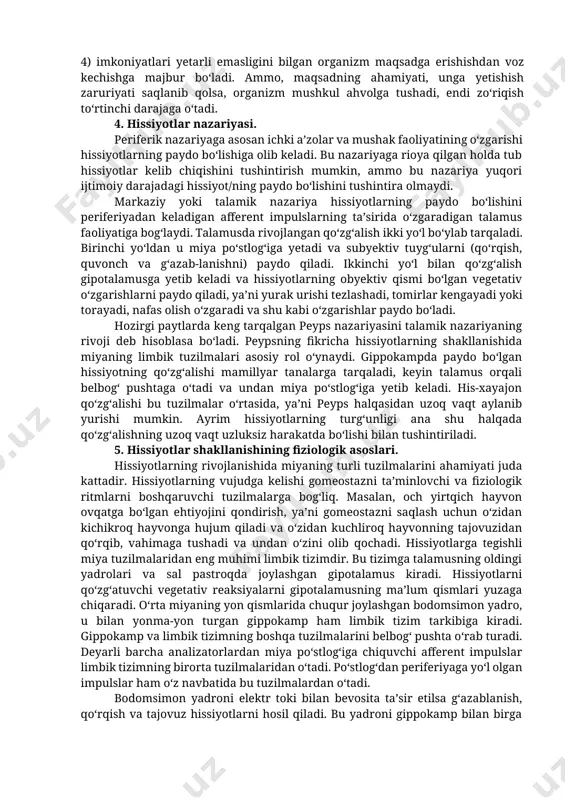 sh qobiliyatini kuchaytiradi, foydali bo‘ladi; 9-rasm. o‘z qabilasidan ajratib qo‘yilgan aborigenning turli xabarlarga javoban yuz ifodasining o’zgarishi (pol ekman tadqiqotlari bo‘yicha) 2) ehtiyojni qondirish, maqsadga erishish uchun birinchi darajadagi zo‘riqish holatida ishga solingan imkoniyatlar yetarli bo‘lmasa, zo‘riqishning ikkinchi darajasi rivojlanadi, manfiy hissiyot paydo bo‘ladi, odam norozi bo‘ladi, jahli chiqadi. ammo, u imkoniyatlarini iloji boricha ishga solib, oldida turgan masalani yechishga harakat qiladi; 3) agar qondirilishi zarur bo‘lgan extiyojlarni organizm ega bo‘lganidan ko‘p miqdorda talab qilinsa, organizmning imkoniyatlari turgan masalani yechish uchun yetarli bo‘lmasa, zo‘riqishning uchinchi darajasi rivojlanadi. maqsadga yetishga ko‘zi yetmagan odam siqilib, eziladi. zo‘riqishning bu darajasida organizm a’zolari va tizimlarining faoliyati keskin salbiylashib ketadi. aqliy va jismoniy imkoniyatlari kamayadi, odam hech bir ishga qo‘l urgisi kelmaydi, zarar yetkazuvchi omillarga qarshiligi pasayadi. bunday holatning uzoq davom qilishi organizmga ziyon keltirib, turli kasalliklarning rivojlanishiga olib keladi. shuning uchun zo‘riqishning uchinchi darajasini organizmning o‘ziga xos himoya reaksiyasi desa bo‘ladi; 4) imkoniyatlari yetarli …