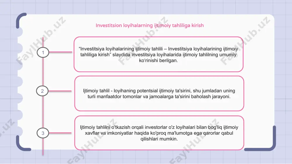 l loyihaning potentsial mojarolar, ijtimoiy tartibsizliklar yoki ta'lim yoki sog'liqni saqlash xizmatlarini yaxshilash kabi ijobiy ijtimoiy natijalar kabi ijtimoiy xavf va imkoniyatlarini baholashni o'z ichiga oladi. investitsion loyihalarning ijtimoiy ta'sirini baholash investitsion loyihalarning ijtimoiy tahlili jamiyat va jamiyat farovonligiga ta'sirini baholashni o'z ichiga oladi. ijtimoiy ta'sirni baholash (sia) investitsiya loyihalarining potentsial ijtimoiy ta'sirini baholash uchun foydalaniladigan vositadir. u bandlik, daromad taqsimoti, hayot sifati va ijtimoiy hamjihatlik kabi omillarni hisobga oladi. investitsion loyihalarda manfaatdor tomonlarning tahlili manfaatdor tomonlarni tahlil qilish investitsiya loyihalarini ijtimoiy tahlil qilishda muhim qadamdir. bu loyihadan manfaatdor bo'lishi yoki unga ta'sir qilishi mumkin bo'lgan shaxslar, guruhlar va tashkilotlarni aniqlash va baholashni o'z ichiga oladi. loyiha menejerlari manfaatdor tomonlarning tashvishlari, ehtiyojlari va umidlarini tushunib, ularning manfaatlarini hal qilish va boshqarish va yuzaga kelishi mumkin bo'lgan nizolarni minimallashtirish uchun strategiyalarni ishlab chiqishi mumkin. manfaatdor tomonlarni tahlil qilish investitsiya loyihalari ijtimoiy ta'sirlari va jalb qilingan jamoalar va shaxslarga ta'sirini hisobga olishiga …