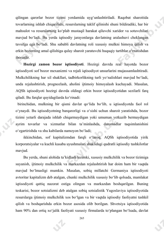 dalanish bilan tavsiflanadi. bunday tizimda har bir iqtisodiy sub’ektning xatti-harkati uning xususiy manfaatiga asoslanadi. ular o‘zlari qabul qilgan xo‘jalik yechimlari va qarorlari asosida daromadlarini eng yuqori darajada yetkazishga intiladilar. bu alohida qabul 125 campbellr.mcconnell, stanley l. brue. economics: tamoyillar,muammolar va siyosat. o’nettinchinashr. 40b. 126 campbellr.mcconnell, stanley l. brue. economics: tamoyillar,muammolar va siyosat. o’nettinchinashr. 40-41b. qilingan qarorlar bozor tizimi yordamida uyg‘unlashtiriladi. raqobat sharoitida tovarlarning ishlab chiqarilishi, resurslarning taklif qilinishi shuni bildiradiki, har bir mahsulot va resurslarning ko‘plab mustaqil harakat qiluvchi xaridor va sotuvchilari mavjud bo‘ladi. bu yerda iqtisodiy jarayonlarga davlatning aralashuvi cheklangan tavsifga ega bo‘ladi. shu sababli davlatning roli xususiy mulkni himoya qilish va erkin bozorning amal qilishiga qulay sharoit yaratuvchi huquqiy tartiblar o‘rnatishdan iboratdir. hozirgi zamon bozor iqtisodiyoti. hozirgi davrda real hayotda bozor iqtisodiyoti sof bozor mexanizmi va rejali iqtisodiyot unsurlarini mujassamlashtiradi. mulkchilikning har xil shakllari, tadbirkorlikning turli yo‘nalishlari mavjud bo‘ladi, unda rejalashtirish, prognozlash, aholini ijtimoiy himoyalash kuchayadi. masalan, aqsh …
