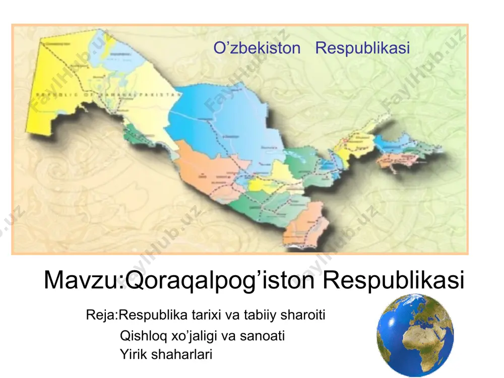 ichik ovul o‘rnida barpo bo‘ldi. geografik o‘rnining qulayligi tufayli 1939-yilda respublikaning poytaxti to‘rtko‘ldan nukusga ko‘chdi. shahar daryodan 2 km uzoqda joylashgan. amudaryoda qurilgan gidrotexnik to‘g‘on orqali nukusga temiryo‘l va avtomobil yo‘li o‘tkazildi. shahar aeroporti qoraqalpog‘istondagina emas, balki mamlakatimiz uchun ham ahamiyatga egadir. shu nomdagi gres qurilishi muno­sabati bilan 1952-yili qad ko‘tardi. u energetiklar, gidrotexniklar, muhandislar va suvchilar shahridir. orol dengizi sohilidagi sobiq port shahar. orol suv sathining keskin pasayib ketishi oqibatida shahar dengizdan 100 km uzoqda qolib ketdi. natijada shahar xo‘jaligi butkul o‘zgardi. suv boyliklarini asrab-avaylaylik! mintaqamizning eng global muammosi orol dengizinigng qurishi orolbo`yi mintaqasida ijtimoiy ekologik vaziyatning og`irlashishiga olib keldi. mustahkamlash: respublikamiz tarkibiga qachon kirgan? qoraqalpog’iston qachon tashkil topgan? asosiy sanoat tarmoqlari nimalardan iborat? respublikada aholi milliy tarkibi qanday va u yerda qanday millat vakillari yashaydi? yirik shaharlaridan qaysilarini bilasiz? uyga vazifa: 1.mavzuni qayta o’qing 2.savollarga javob yozing 3.yozuvsiz xaritaga yirik shaharlari va sanoat tarmoqlarini joylashtiring. e’tiboringiz uchun rahmat!