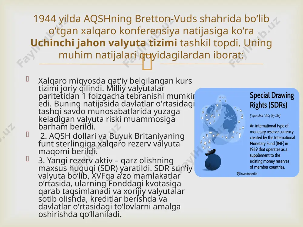 alyuta kursiga bir nechta omillar ta’sir koʻrsatadi. ana shunday asosiy omillardan biri bu - toʻlov balansining defitsitli ekanligidir. milliy valyuta kursiga ta’sir etuvchi muhim omillardan yana biri boʻlib, davlat byudjetining defitsiti hisoblanadi. ma’lumki, markaziy bank tomonidan amalga oshiriladigan monetar siyosat iqtisodiy mazmuniga koʻra ikki turga boʻlinadi: 1. restriksion monetar siyosat. 2. ekspansionistik monetar siyosat. 20.3. valyuta kurslari. valyuta kursiga ta’sir qiluvchi omillar. valyuta kursi rejimlari.  restriksion monetar siyosatni amalga oshirishda markaziy bank quyidagi usullardan foydalanadi: – markaziy bankning majburiy zahira stavkalarining darajasi oshiriladi; – tijorat banklariga qimmatli qog‘ozlar markaziy bank tomonidan qayta sotib olish sharti bilan sotiladi; – markaziy bank tomonidan hukumatga va tijorat banklariga tegishli boʻlgan vaqtinchalik boʻsh pul mablag‘lari depozit hisob raqamlariga jalb etiladi; – markaziy bank valyuta siyosati doirasida milliy valyutadagi pul mablag‘lari hajmining oʻsish sur’atlarini cheklashga qaratilgan operatsiyalarni amalga oshiradi. restriksion monetar siyosat deganda, odatda, muomaladagi pul massasining oʻsish sur’atlarini jilovlashga qaratilgan monetar siyosat tushuniladi. …