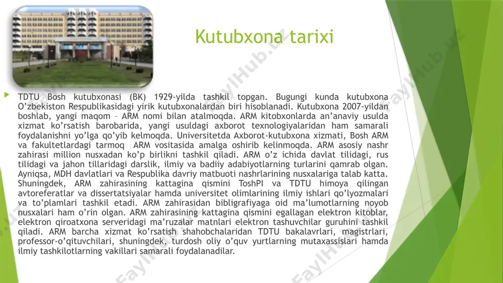 riladi. bo’limning ishi “irbis” dasturiga asosan, arm-komplektator xizmatiga ko’ra olib boriladi. arm davriy nashrlarni o’rni alohida ahamiyat kasb etadi. bunda ma’lumotlar bazasi arm kelayotgan gazeta va jurnallarning manbalari bilan yaratiladi. axborot resurslariga ilmiy ishlov berish bo’limi mazkur bo’limni ish faoliyati asosan, markazlashtirilgan usulda yuritiladi. u armga kelayotgan axborot resurslariga ilmiy va texnikaviy ishlov berish, ularni yagona kataloglar tizimiga kiritish bilan shug’ullanadi. ilmiy adabiyotlar abonementi bo’limi bu ilmiy abonement bo’limida darsliklar, o’quv-uslubiy qo’llanmalar, lug’atlar, ma’lumotnomalar, ilmiy adabiyotlardan iborat ko’p tarmoqli zahira jamlangan. badiiy adabiyotlar zahirasi vatan va chet el badiiy nashrlari, madaniyat va san’atga oid kitoblarni salmoqli nusxalarini o’z ichiga olgan. o’quv adabiyotlari bo’limi bo’limda, asosan, o’quv jarayonlarida tavsiya etilayotgan darsliklar, o’quv-uslubiy qo’llanmalar, amaliyot ishlari va ma’ruzalar matnlari jamlangan. axborot-bibliografiya bo’limi universitet bakalavrlari, magistrlari, professor-o’qituvchilarni axborotlarga bo’lgan talablarni o’rganish kiradi. foydalanuvchilarni talablarini qondirish maqsadida, zahira imkoniyatlari hisobga olinadi. shuningdek, axborot-qidiruv tizimida qayd etilgan ma’lumotlarga ko’ra yechim beriladi. bo’limni xizmat doirasiga quyidagi …