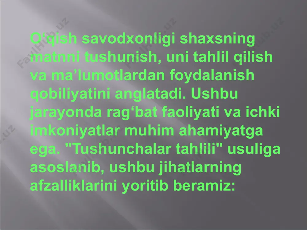 llarini aniqlab, ularga mos yondashuvni qo‘llash muhim. barqaror rivojlanish: rag‘bat va imkoniyatlar uyg‘unligi o‘qish savodxonligini mustahkamlashga xizmat qiladi. 1. rag‘bat faoliyati rag‘bat shaxsni o‘quv faoliyatiga jalb etish va uni davom ettirishni ta'minlaydi. bu ikki turga bo‘linadi: tashqi rag‘bat va ichki rag‘bat. 1.1 tashqi rag‘bat mukofotlash tizimi: o‘quvchilarni yaxshi natijalari uchun sovg‘alar yoki tan olinish bilan rag‘batlantirish. masalan, yaxshi kitob o‘qigan o‘quvchini tanlovlarda ishtirok ettirish. maqsad qo‘yish: o‘quvchi oldiga erishiladigan aniq va o‘lchanadigan maqsadlar qo‘yiladi. bu jarayon shaxsni o‘z harakatlarini nazorat qilishga undaydi. ijtimoiy ta’sir: o‘quvchilarni o‘z tengdoshlari orasida muvaffaqiyat qozonishga rag‘batlantiradigan omillar, masalan, o‘quvchilar orasida o‘zini ko‘rsatish istagi. 1.2 ichki rag‘bat qiziqish: o‘quvchi o‘zi uchun qiziqarli bo‘lgan mavzularni o‘qishga ko‘proq intiladi. bu tabiiy qiziqish o‘z-o‘zidan o‘qishga bo‘lgan ehtiyojni oshiradi. o‘zini rivojlantirish istagi: o‘quvchilar o‘z bilimlarini oshirish va kelajakka tayyorgarlik ko‘rish uchun ichki ehtiyojni his qiladi. o‘zini muvaffaqiyatli his qilish: o‘qish jarayonida erishilgan kichik yutuqlar shaxsda ishonch uyg‘otadi va davomiy o‘qishga …