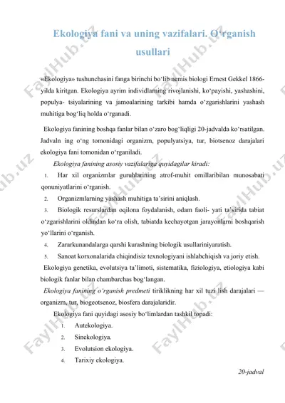 ekologiya fani va uning vazifalari. o‘rganish usullari — DOCX