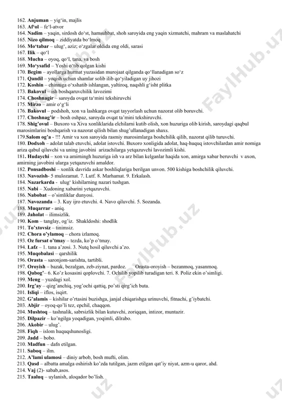 shi, ma‘naviy qiyofasi 109. qovog‘ini solmoq – achchiqlanib qoshini chimirib olmoq 110. xomush bo‘lmoq – g‘amgin holatga tushmoq 111. o‘rlamoq – balandga ko‘tarilmoq 112. kirdikor – yashirib qilingan noto‘g‘ri ishlar 113. o‘zini bosmoq – hayajon holatida o‘zini tutmoq 114. langar – qirg‘oqqa tashlanib, kemani ushlab turadigan moslama 115. munofiq – so‘zi va amali bir bo‘lmagan kishi 116. afzali - yaxshisi 117. madh qilmoq – maqtamoq 118. parishon bo‘ldi – xafa bo‘ldi 119. masrur – xushnud bo‘lish 120. mag‘firat qilmoq – kechirmoq 121. qabohat – yomonlik 122. evaz - o‘rniga, badaliga 123. kaklik – “kak-kak” ovoz chiqarib sayraydigan tog‘ qushi 124. moyil bo‘lmoq – yon bosmoq, rozi bo‘lmoq 125. xushomadgo‘ylik – o‘zidan zo‘rga soxta mulozamat ko‘rsatmoq 126. xiyonat qilmoq – va‘dasida turmaslik 127. o‘zini chetga olmoq – aralashishni istamaslik 128. jo‘yali – o‘rinli, muvofiq 129. kerik – orasi ochilgan, teshiklari kata 130. siyrat – odamning ichki olami, ruhiy dunyosi 131. javraqi …
