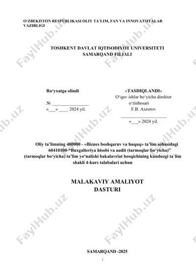 malakaviy amaliyot dasturi "buxgalteriya hisobi va statistika" — DOCX