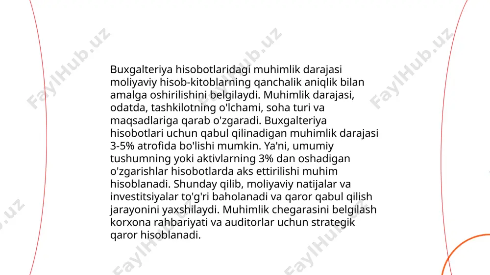 oliyaviy hisobot foydalanuvchilarining qarorlariga ta'sir qilishi mumkin bo'lgan qiymat chegarasi bilan belgilanadi. jiddiylik esa, audit davomida aniqlangan muammolarning moliyaviy ta'sirini tavsiflaydi. materiallik darajasi hisob-kitoblarda foiz yoki umumiy qiymat miqdorida belgilanishi mumkin, masalan, 5% yalpi daromaddan. jiddiylik esa audit xavfliligini oshiradi, lekin har doim ham materiallik chegarasini oshirishga olib kelmasligi mumkin. ... t.me/slaydai_bot hujjatlarning muhimlik darajasini tekshirishda turli metodlar qo‘llaniladi. ushbu jarayonda hujjatlarni maqsad, mazmun va foydalanuvchilar talablari asosida baholash zarur. muqobil qimmatga ega hujjatlar birinchi darajali muhim hisoblanib, yo‘qolishi yoki zarar ko‘rishi tashkilot faoliyatiga jiddiy ta'sir ko‘rsatadi. iqtisodiy hujjatlar, masalan, qurilish loyihalari, moliyaviy hisobotlar va shartnomalar - 15-20% hujjatlarda ustuvorlik kasb etishi mumkin. auditorlik tekshiruvlari uchun zarur bo‘lgan hujjatlar esa o‘rta darajali muhumlikka ega bo‘lib, 30-40% ni tashkil etadi. kamida 50% hujjatlar esa past muhum deb hisoblanadi va xavfsizlik choralariga ko‘ra qayta ko‘rib chiqiladi. mavzu: muhimlik darajasini auditda qoʻllash tartibi talaba: azimova nazokat e'tiboringiz uchun raxmat! image1.png image2.png image3.png image4.jfif …