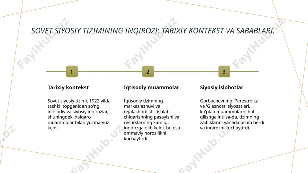 'jaligi, sovet iqtisodiyotining asosiy sektori bo'lib, o'sishning sustlashuvi, muammoli hosil va yetarli ta'minot yetkazmasligi bilan yuzma-yuz keldi. 3 sanoat va innovatsiyalar - sanoatning innovatsion qobiliyati yo'qolgan, yangi texnologiyalardan foydalanish kamaygan. bu esa ishlab chiqarish quvvatlarini pasaytirib, iqtisodiy o'zgarishlarga to'sqinlik qildi. siyosiy islohotlar: muvaffaqiyatlar va muvaffaqiyatsizliklar tahlili. siyosiy islohotlar, jumladan, perestroika jarayoni, sovet ittifoqining siyosiy tizimini yangilashga qaratilgan edi. biroq, bu islohotlar ko‘plab muvaffaqiyatsizliklarga olib keldi, chunki iqtisodiy va ijtimoiy muammolar hal etilmadi. natijada, ijtimoiy norozilik kuchaydi va tizimning barqarorligi yo‘qoldi. photo by ivan lopatin on unsplash iqtisodiy qiyinchiliklarning ijtimoiy tartibsizliklarga olib kelishi. iqtisodiy qiyinchiliklar sovet ittifoqida iqtisodiy qiyinchiliklar, resurslarning kamligi va islohotlarning samarasizligi sababli, aholi hayot darajasini pasaytirdi va norozilikni kuchaytirdi. ijtimoiy tartibsizliklar iqtisodiy muammolar, masalan, oziq-ovqat narxlarining oshishi va ish o'rinlarining kamayishi, odamlar orasida norozilik harakatlarini keltirib chiqardi, bu esa ijtimoiy tartibsizliklarga olib keldi. protestlar va norozilik iqtisodiy qiyinchiliklar odamlarni protestlarga va norozilik harakatlariga undadi, bu esa davlat siyosatiga …