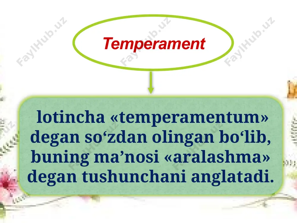 qlik bilan moslashishga), shuningdek, uning xatti-harakatlari qanchalik sust va zaifligiga (rigidligi qotib qolganligicha) nisbatan baho berishdan iboratdir. 7.ekstravertlik va introvertlik. shaxsning faoliyati va reaksiyasi ko’p jihatdan kechinmalarga bog’liq, chunonchi favqulotdagi tashqi taassurotlarga (ekstravertlik) yoki aksincha, timsollarga, tasavvurlarga (introvertlik) taalluqligiga asoslangan holda munosabat ifodasidir. sangvinik xolerik melonxolik flegmatik xushchaqchaq do’stona yorqin sergap nomustaqil xavotirli egosentrik optimestfaol tez jaxli chiqadigan agressiv konferinsial o’z o’zini boshqara olmaydi sezgir analitik idealist kamgap tortinchoq kayfiyati tez o’zgaradigan regid xotirjam,tobe ta’sirli muloqotchan, passiv, qaysar, ishyoqmas temperament turlari i.p. pavlov ta’limoti bo‘yicha nerv sistemasi tiplarining va gippokrat ta’limoti bo‘yicha temperamentning o‘zaro munosabatlari тemperament tiplari nerv sistemasining kuchi nerv tizimining muvozanati nerv tizimining ildamligi xolеrik kuchli jo‘shqin muvozanatsiz qizg‘in serharakat sangvinik kuchli serharakat muvozanatli serharakat flеgmatik kuchli vazmin muvozanatli inert (sust) mеlanxolik kuchsiz muvozanatsiz tormozli serharakat yoki inert 16 temperamentni aniqlaydigan asab tizimi xususiyatlarining bunday uyg‘unlashganligi asab tizimining turi deb ataladi. p. pavlov shu narsani aniqlaydiki, temperament yuqorida …