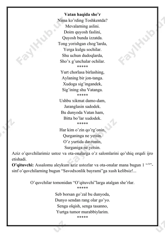 ** bugun sizda zo’r bayram, mehmonlar ham jami jam. bizlar quvnoq bolalarmiz, qator bo’lib turamiz. harflardan so’z tuzamiz. harflar aa men “a”dirman, “a”dirman, ko’p narsaga qodirman. “qor”, “bol” so’zlarga qara, yasadim “qora bola” ***** bb b harfman bebaho, boshlaganim besh baho. sen o’ylagan barcha o’y, meni qo’shsang cho’zar bo’y. ***** dd men “d”dirman, “d”dirman, doim dono so’z derman. ko’zlaringda chaqnab o’q, meni qo’shib urma do’q. ***** e e egilaman egilsang, ezilaman ezilsang, shunday paytda mungliman, asli esa unliman ***** f f men unlimas undoshman, fazo so’zida bushman. ba’zan “v”dek jaranglab, qolsam turma alanglab. ***** g g “g” harfiman guldagi, qo’shimchada yo’ldagi. tushib qolsam gohda goh, o’sha so’z ham chekar oh. ***** h h x – dan farqli shaklim ham, yumshoq fe’lman, haqliman. katta harfiman narvondek, borman hisda, hayronda. ***** i i ”l”harfiman ilmda, qo’shaloqman bilimda. mehr, sehrda biroq, yozmasangiz to’g’riroq. ***** j j jahon so’zin tuzganman, janjal qilib buzganman. qachon …