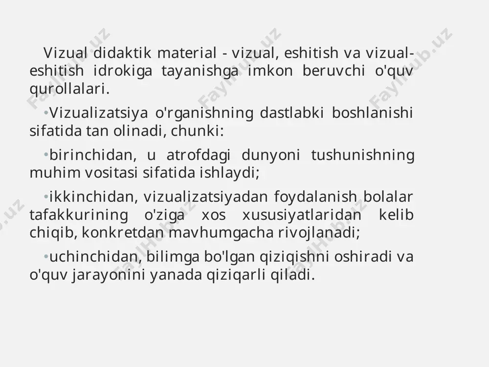 n hamma narsa, ya'ni: ko'rinadigan - ko'rish orqali, eshitilgan - eshitish orqali, hidlar - hid bilan, ta'mga bog'liq - ta'mga ko'ra, teginish orqali - teginish orqali. . hech qachon ko'rinish bilan cheklanib qolmang - ko'rinish maqsad emas, balki o'qitish, o'quvchilarning tafakkurini rivojlantirish vositasidir. o‘qitish va tarbiyalashda tushuncha va mavhum mulohazalar aniq faktlar, misollar va tasvirlar bilan mustahkamlanganda o‘quvchilar ongiga osonroq kirib borishini unutmang; ularni ochib berish uchun turli xil ko'rinishlardan foydalanish kerak. vizualizatsiya nafaqat illyustratsiya uchun, balki muammoli vaziyatlarni yaratish uchun mustaqil bilim manbai sifatida ham qo'llanilishi kerak. o'qitish va tarbiyalashda ko'rgazmali qurollar o'rganilayotgan narsa va hodisalar haqida eng aniq va to'g'ri fikrlarni shakllantirishga yordam berishini unutmang. har xil turdagi ko'rgazmali qurollardan foydalaning, lekin ko'p miqdorda ko'rgazmali qurollarga berilmang: bu o'quvchilarning e'tiborini tarqatib yuboradi va asosiy narsani idrok etishni qiyinlashtiradi. zamonaviy ko'rgazmali qurollarni qo'llash ilmiy jihatdan asosli: televizor, videoyozuv, ko'p ekranli proyeksiya, kompyuter taqdimoti va boshqalar; tssda ravon bo'lish, ulardan …