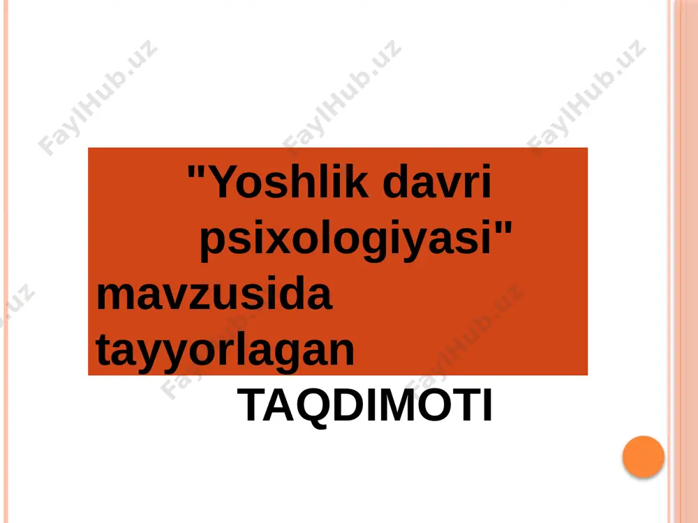 y hayotdagi yutuqlar, g`alabalar yoki muvaffaqiyatsizliklar kishining ruhiy dunyosiga qattiq ta’sir etadi. natijada uning takabburlik, mag’rurlik, jahldorlik, asabiylik asabiylik paydo bo`ladi. yoshlik davrida yigit – va qizlarning komolotiga uchta muhim psixologik mexanizm ta’sir ko`rsatadi: 1- mehnat jamoasi 2 – oila mikromuhiti 3 – norasmiy ulafatlar. 3. yetuklik davrining ikkinchi bosqichidagi shaxsning psixologik xususiyatlari yetuklik davri 36 – 55 yoshlardagi erkak va ayollarni o`z ichiga oladi. mazkur davrda ijodiy faoliyatni qaytadan baholash o`z ifodasini topuvchi yangi xislat namoyon bo`ladi. ular shu kungacha mehnat faoliyatida miqdor ketidan quvib yurgan bo`lsalar, endi mehnat faoliyatining mahsuli ustidan bosh qotira boshlaydilar. e’tiboringiz uchun rahmat! image1.jpeg image2.png image3.jpeg image4.png image5.jpeg image6.jpeg image7.gif image8.jpeg image9.jpeg image10.png image11.jpeg image12.jpeg image13.jpeg image14.png image15.png image16.png image17.jpeg image18.jpeg image19.jpeg