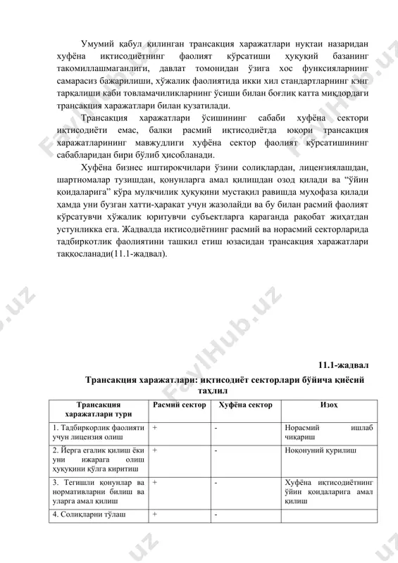 ҳнат муносабатлари соҳасида қонуний талабларни бажариш, зарур бўлганда низоларни суд орқали ҳал етиш учун сарфланадиган харажатлар). хуфёнa иқтисодиётни келиб чиқиш сaбaблaри aнтропологик иқтисодий ижтимоий ҳуқуқий мaънaвий сиёсий 11.1-чизма. хуфёна иқтисодиётнинг келиб чиқиш сабабларининг гуруҳланиши умумий қабул қилинган трансакция харажатлари нуқтаи назаридан хуфёна иқтисодиётнинг фаолият кўрсатиши ҳуқуқий базанинг такомиллашмаганлиги, давлат томонидан ўзига хос функсияларнинг самарасиз бажарилиши, хўжалик фаолиятида икки хил стандартларнинг кэнг тарқалиши каби товламачиликларнинг ўсиши билан боғлиқ катта миқдордаги трансакция харажатлари билан кузатилади. трансакция харажатлари ўсишининг сабаби хуфёна сектори иқтисодиёти емас, балки расмий иқтисодиётда юқори трансакция харажатларининг мавжудлиги хуфёна сектор фаолият кўрсатишининг сабабларидан бири бўлиб ҳисобланади. хуфёна бизнес иштирокчилари ўзини солиқлардан, лицензиялашдан, шартномалар тузишдан, қонунларга амал қилишдан озод қилади ва “ўйин қоидаларига” кўра мулкчилик ҳуқуқини мустақил равишда муҳофаза қилади ҳамда уни бузган хатти-ҳаракат учун жазолайди ва бу билан расмий фаолият кўрсатувчи хўжалик юритувчи субъектларга қараганда рақобат жиҳатдан устунликка ега. жадвалда иқтисодиётнинг расмий ва норасмий секторларида тадбиркотлик фаолиятини ташкил етиш юзасидан …