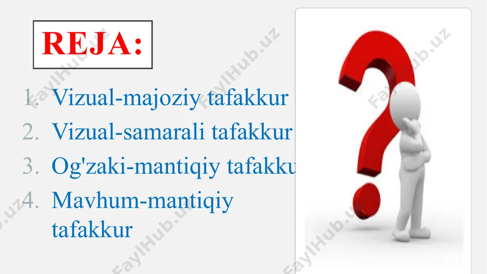 ngan obrazlar tizimi qo'shiladi. bu shuni anglatadiki, chaqaloq allaqachon tanish va yodlangan ob'ektni vizual ravishda takrorlay oladi. ayniqsa, obrazdan foydalanish mahorati xayolda tiklash yoki modellashtirish jarayonida aniq namoyon bo'ladi. bu yoshda obrazning batafsil aniqligi kutilmasligi kerak. maktabgacha tarbiyachi, uning fikricha, u yoki bu ob'ektni tavsiflovchi xususiyatlarni aniq beradi. daraxtning tanasi va shoxlari bo'ladi. uy, albatta, tom va devorlar bilan jihozlangan. vizual-majoziy tafakkur vizual xayoliy tafakkurning asosi mumkin bo'lgan natija haqidagi taxmindir. harakatni bajarishdan oldin, bola yakuniy natijani tasavvur qiladi. birinchi rudimentlar 3 yoshda paydo bo'ladi. natijani baholash uchun ob'ekt bilan taktil aloqa endi har doim ham kerak emas. boshdagi obraz ko'rilgan ob'ektni allaqachon ma'lum bo'lgan toifa bilan bog'lash va uni to'g'ri baholashga yordam beradi. og'zaki-mantiqiy tafakkur og'zaki-mantiqiy tafakkur tafakkur jarayonining eng yuqori shaklidir. bu yerda bola nafaqat o'ylashni, balki muayyan tushunchalarda tafakkur qilishni o'rganadi. ular so'zlar orqali ifodalanadi. bola uchun so'z ilgari tanish bo'lgan ob'ekt bilan o'ziga xos birlashmadir. ya'ni, …