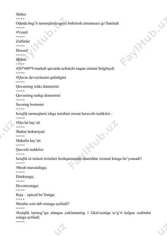 ==== #korxonani unumdorligi va bir maxsulot uchun sarflanadigan issiqlik miqdori ==== korxonani unumdorligi va xodimlar soni ==== korxonani quvvati va bir maxsulot uchun sarflanadigan issiqlik miqdori ==== korxonani elektr energiya sarfi va bir maxsulot uchun sarflanadigan issiqlik miqdori ==== korxonani unumdorligi va elektr energiya sarfi ++++ nechanchi yillarda o‘rta osiyoda markazlashtirilgan issiqlik ta’minoti rivojlana boshladi? ==== #1928-1930 yillarda ==== 1930-1941 yillarda ==== 1920-1930 yillarda ==== 1918-1930 yillarda ++++ qachonga markazlashtirilgan issiqlik ta’minoti g‘oyasining paydo bo‘lishi to‘g‘ri kеladi? ==== #1877 yili aqsh ning lokport shahrida markazlashtirilgan issiqlik ta’minoti uchun birinchi qurilma barpo etildi ==== 1777 yili aqsh ning lokport shahrida markazlashtirilgan issiqlik ta’minoti uchun birinchi qurilma barpo etildi ==== 1907 yili sankt-peterburg shahrida markazlashtirilgan issiqlik ta’minoti uchun birinchi qurilma barpo etildi ==== 1877 yili moskva shahrida markazlashtirilgan issiqlik ta’minoti uchun birinchi qurilma barpo etildi ++++ iem da issiqlik va elеktr enеrgiyasini qurama usulda ishlab chiqarish uchun yoqilg‘ining umuiy sarfi quyidagilardan iborat… …