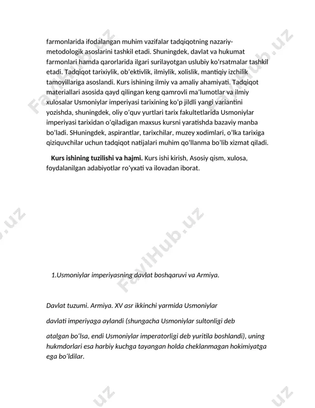 oʻz aksini topdi. xv asr oʻrtalarida yanicharlar korpusi hammasi boʻlib 3 –5 ming kishidan iborat boʻlgan boʻlsa, sulaymon davriga kelib 12 ming kishini tashkil etdi. umuman muntazam armiyada shu davrda 50 ming kishi xizmat qilardi. usmoniylar armiyasining asosiy qismini viloyatlardagi koʻngillilar tashkil qilardi. ayrim maʼlumotlarga koʻra, sipohiylar armiyasi xvi asr oʻrtalarida 130 mingdan 200 ming kishigacha boʻlgan. xvii asr birinchi yarmida usmoniylar davlatining ichki va tashqi ahvoli. bu davrga kelib imperiyaning ichki ahvoli ancha yomonlashdi. hatto xvii asr 40-yillarida ham xazinaga kelib tushayotgan soliq yigʻimlarining miqdori xvi asr 90-yillaridagi miqdorni, yaʼni, 360 mln aqchani tashkil etardi. shaharlar va shahar hunarmandchiligi taraqqiyoti ham sekinlashdi. harbiy mulk tizimining buzilishi va yerga xususiy mulkchilikning shakllanishi maʼlum darajada qishloq xoʻjalik mahsulotlari ishlab chiqarishning koʻpayishiga olib kelgan, biroq bu jarayon boshqa oqibatlarga – dehqonlarning xonavayron boʻlishi va ular xarid quvvatining pasayishiga ham olib keldi. usmoniylar imperiyasi iqtisodiyotidagi oʻzgarishlar uning butun ijtimoiy-siyosiy hayotida siljishlarni keltirib chiqardi. …