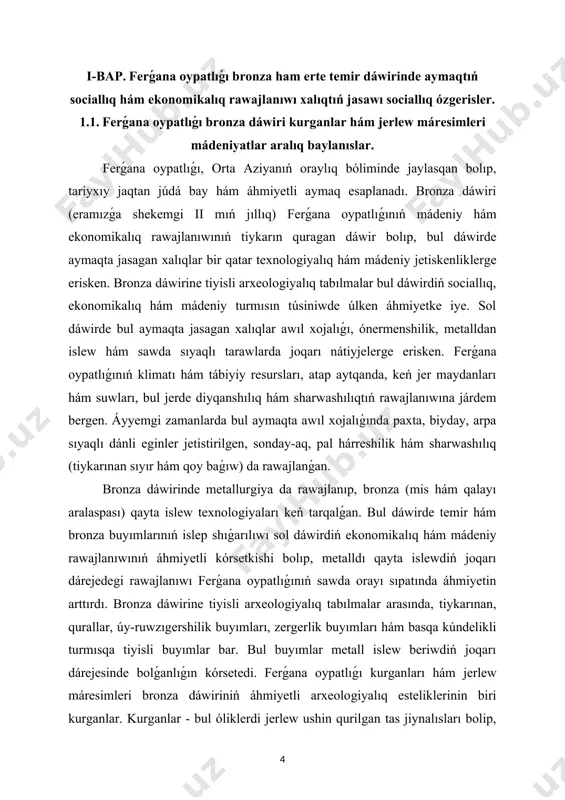 sli arxeologiyalıq tabılmalar bul dáwirdiń sociallıq, ekonomikalıq hám mádeniy turmısın túsiniwde úlken áhmiyetke iye. sol dáwirde bul aymaqta jasagan xalıqlar awıl xojalıǵı, ónermenshilik, metalldan islew hám sawda sıyaqlı tarawlarda joqarı nátiyjelerge erisken. ferǵana oypatlıǵınıń klimatı hám tábiyiy resursları, atap aytqanda, keń jer maydanları hám suwları, bul jerde diyqanshılıq hám sharwashılıqtıń rawajlanıwına járdem bergen. áyyemgi zamanlarda bul aymaqta awıl xojalıǵında paxta, biyday, arpa sıyaqlı dánli eginler jetistirilgen, sonday-aq, pal hárreshilik hám sharwashılıq (tiykarınan sıyır hám qoy baǵıw) da rawajlanǵan. bronza dáwirinde metallurgiya da rawajlanıp, bronza (mis hám qalayı aralaspası) qayta islew texnologiyaları keń tarqalǵan. bul dáwirde temir hám bronza buyımlarınıń islep shıǵarılıwı sol dáwirdiń ekonomikalıq hám mádeniy rawajlanıwınıń áhmiyetli kórsetkishi bolıp, metalldı qayta islewdiń joqarı dárejedegi rawajlanıwı ferǵana oypatlıǵınıń sawda orayı sıpatında áhmiyetin arttırdı. bronza dáwirine tiyisli arxeologiyalıq tabılmalar arasında, tiykarınan, qurallar, úy-ruwzıgershilik buyımları, zergerlik buyımları hám basqa kúndelikli turmısqa tiyisli buyımlar bar. bul buyımlar metall islew beriwdiń joqarı dárejesinde bolǵanlıǵın …