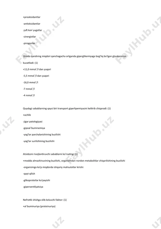 qlik chiqarilishining kuchayishi va hosil bo'lishining kamayishi -issiqlik chiqarilishining kamayib ketishi -issiqlik chiqarilishining qiyinlashuvi -issiqlik hosil bo'lishining o'zgarmasligi -issiqlik hosil bo'lishining ko'payishi isitmaning uchinchi davri uchun xarakterli:(1) +leykotsitar pirogenlarning kamayishi -issiqlikning ajratishning pasayishi -periferik tomirlar torayishi -bradikardiya -gipertenziya endogen (ikkilamchi) pirogen moddalarni qaysi hujayralar ishlab chiqaradi (1) +neytrofillar -retikulotsitlar -labrotsitlar -limfotsitlar -plazmatik hujayralar issiqlik hosil bo'lishi¬ning sabablariga kiradi: (1) +lipopolisaxaridlarning ta'siri -limfotsitlarning ko'payishi -fosfolipidlarning ko'plab hosil bo'lishi -piruvat -nuklein kislotalar isitmaning gipertermiyadan farqi: (1) +tashki muhit haroratiga aloqasi yo'qligi -stress vaqtida rivojlanadi -tipik patologik protsessligi bilan -gipertireozda paydo bo'ladi -to'g'ri javob yo'q yallig'lanishdagi proliferatsiyada fibroblastlarni o'stiruvchi omilning asosiy manbai hisoblanadi: (1) +makrofaglar -mikrofaglar -neytrofillar -t-limfotsitlar -v-limfotsitlar ekssudat tarkibida birinchi navbatda qaysi hujayralarning ko'p bo'lishi allergik yallig'lanishga xos:(1) -bazofillar -neytrofillar -limfotsitlar -monotsitlar +eozinofillar surunkali yallig'lashdagi ekssudat tarkibida qaysi hujayralar ko'pchilikni tashkil qiladi: (1) +monotsitlar, limfotsitlar -neytrofillar -eozinofillar -bazofillar -hamma javoblar to'g'ri leykotsitlar emigratsiyasini tajribada modellashtirgan olim: (1) +danilevskiy -kongeym -rival`t -mak-klyur-oldrich …