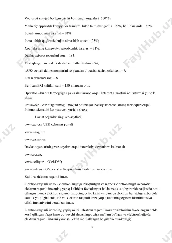 zidentining yuqoridagi farmonining qabul qilinishi asosiy qadam bo’ldi. ushbu qaror bilan quyidagi ishlar amalga oshirildi: aktni rivojlantirish va joriy etish masalalari belgilangan; o’zbekiston respublikasi vazirlar mahkamasi huzuridagi kompyuterlashtirish va aktni rivojlantirish bo’yicha muvofiqlashtiruvchi kengash tashkil etildi; sohada tashkiliy o’zgartirishlar amalga oshirildi (o’zaaa, aktni rivojlantirish jamg’armasi, tatu tashkil etildi; tadbirkorlikni qo’llab-quvvvatlash bo’yicha bojxona va soliq imtiyozlari belgilandi; kompyuterlashtirish va axborot texnologiyalarini joriy etish markazi uzinfocom tashkil etildi. o’zr prezidentining “axborot-kommunikatsiya texnologiyalarini yanada rivojlantirishga oid qo’shimcha chora-tadbirlar to’g’risida” 2005 yil 8 iyuldagi pq-117 son qarori ushbu qarorga asosan: - 2010 yilgacha telekommunikatsiya tarmoqlarini rivojlantirish, ma’lumotlarni uzatish va aktni qo’llashning maqsadli yo’nalishlari; - 2010 yilgacha mahalliy davlat boshqaruvi va davlat hokimiyati organlari faoliyatida aktni qo’llash dasturi; - milliy axborot-qidiruv tizimini shakllantirish va rivojlantirish dasturlari tasdiqlandi. - davlat organlarining veb-saytlarini va hukumat portalini yanada rivojlantirish bo’yicha chora-tadbirlar belgilandi. respublikada kompyuterlashtirishni va aktni rivojlantirish dasturi va undagi vazifalar. aktni davlat boshqaruv organlariga joriy etish darajasi …