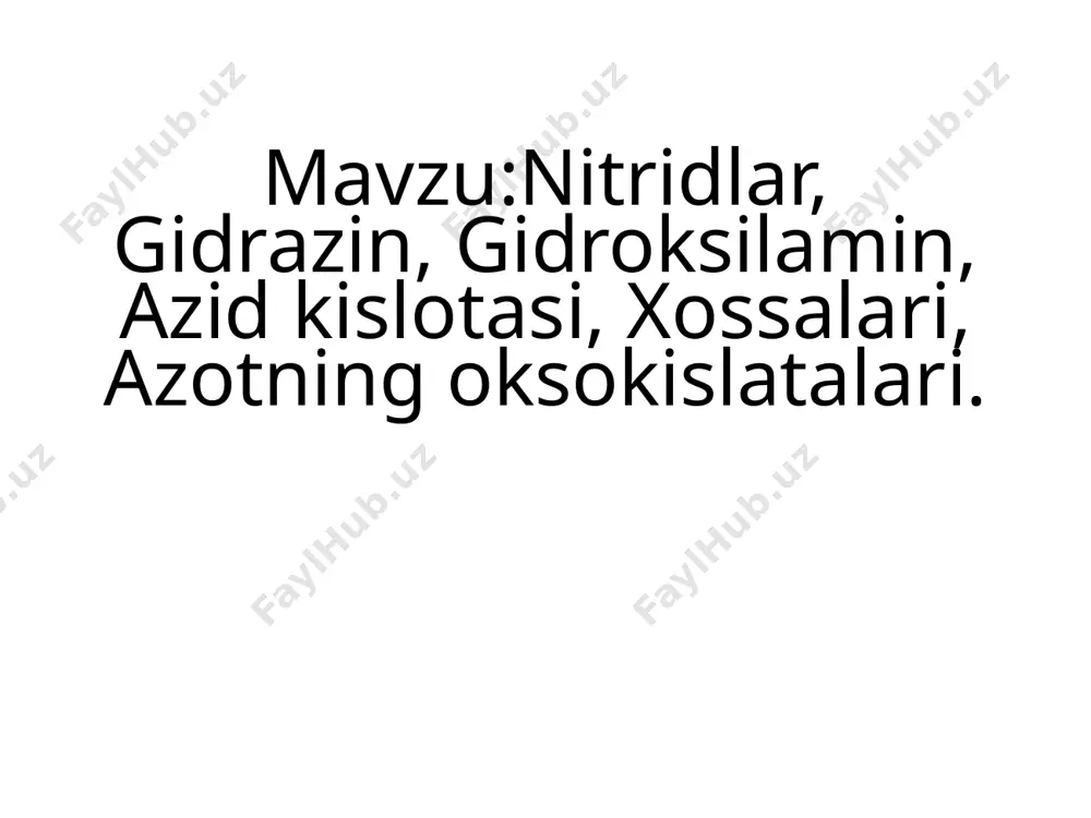 ezerford ajratib olgan. ikkita barqaror izotopi bor: 14n (99,635 %) va 15n (0,365 %); radioaktiv sunʼiy izotoplari ham bor, bulardan eng uzoq, mavjud bo'ladigani 13n dir (yarim yemirilish davri 10,08 daqiqa). sanoatda suyultirilgan havoni parchalab olinadi.azot turmushda ham juda kerakli hisoblanadi.azot boshqa olisdagi sayyoralarda ham qattiq holatda uchraydi masalan,uran sayyorasi sirtida qattiq holatda azot(n) uchraydi.azot(n) vodorod bilan bir necha xil moddalarni hosil qiladi.azotning vodorodli birikmalari ichida eng muhimi va amaliyahamiyatga ega bõlgani ammiakdir.uning molekularformulasi nh³ kõrinishda bõladi.azot vodorodga nisbatan elektro-manfiy elementligi uchun ammiak molekulasiqutbli hisoblanadi. azot oksidlari – azotning kislorod bilan hosil qilgan birikmalari. azot oksidlari azot va kislorod molekulalarining birikishidan hosil bo'lib, reaksiya issiqlik yutilishi bilan boradi. ba’zilari termodinamik jihatdan beqaror. azotning quyidagi oksidlari ma’lum:u88okhhuu1)-oksid n2o, azot (i)-oksid no, azot (sh)-oksid n2o3, azot (gu)-oksid no2, azot qo'sh oksid n2o4 va azot (v)-oksid n2o5. azot (1)-oksid n2o – rangsiz, xushbo'y shirinroq gaz, suvda oz miqdorda eriydi; kislota, ishqor va suv …