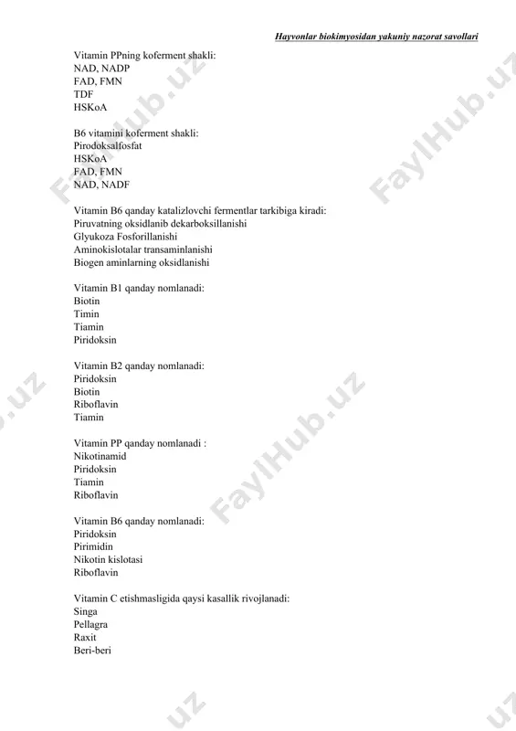 ab shilliq qavti zararlanishi, bo'y o'sishi to'xtashi kuzatildi. qaysi vitaminning yetishmovchili bunga sabab bo'ladi? vitamin h vitamin b12 vitamin pp vitamin b2 yosh organizmda bosh suyagi erta suyaklanishi, vazn va appetit yo'qolishi, poliuriya, muskullar rigidligi kuzatilgan? buning sababi: gipervitaminoz a gipervitaminoz d gipovitaminoz c gipovitaminoz e qorong'ida ko'rishning pasayishi qaysi vitaminning yetishmovchilidan kelib chiqadi. vitamin b1 vitamin c vitamin a vitamin k umumiy xolsizlik, milk qonashi va kapilyarlardan qon ketish kuzatilmoqd qaysi vitaminning yetishmovchili bunga sabab bo'ladi? vitamin a vitamin c vitamin k vitamin d3 ta'sirchanlik, uyquning yomonligi, stomatit,diareya, qo'l va yuz terisining simmetrik zararlanishi va galyutsinatsiyadan shikoyat qilmoqd qaysi vitaminning yetishmovchili bunga sabab bo'ladi? askorbin kislota riboflavin nikotinamid tiamin xolesteroldan qaysi modda xosil bo'ladi? vitamin d3 triyodtironin adrenalin yog' kislota yog' kislotalarining beta –oksidlanishi uchun zarur bo’lgan vitamin? b2 b9 b6 c antioksidant xususiyatga ega bo’lgan va biomembranalardagi to’yinmagan yog’ kislotalarni lipoperoksidatsiyadan saqlovchi vitaminni ko’rsating: d2 a e k …