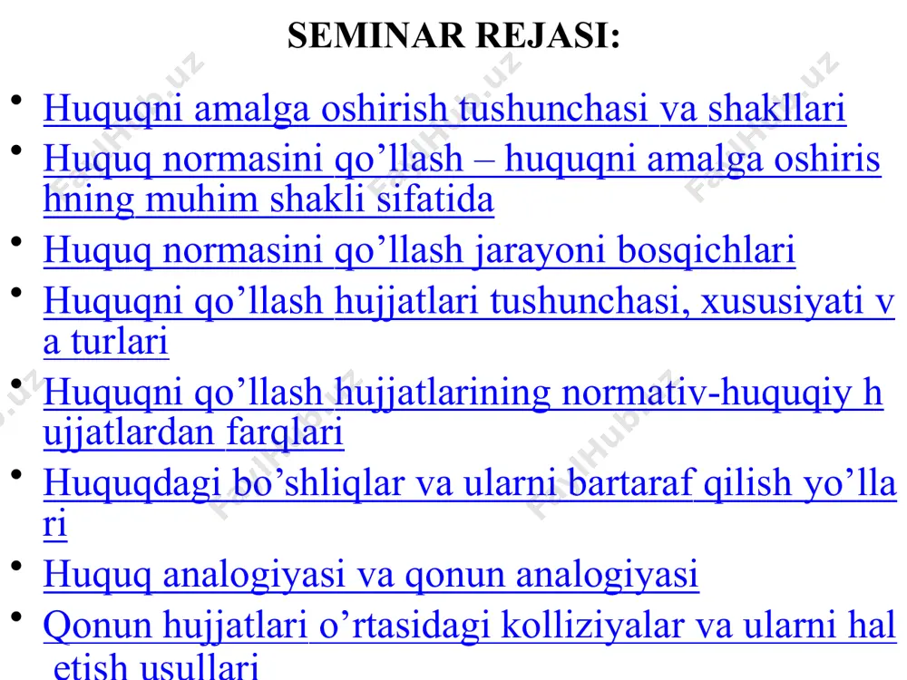 ga oshirishning asosiy shakllaridan biri huquq normasini to’la-to’kis tatbiq etish uchun vakolatli organ yoki mansabdor shaxsning aralashuvi talab etilgan hollarda zaruriyatga aylanishi hokimiyat xarakteriga egaligi huquq normasini qo’llash – huquqni amalga oshirishning muhim shakli sifatida huquqni qo’llash belgilari: davlat hokimiyati funksiyasini qo’llash vakolatiga ega bo’lgan organlar yoki mansabdor shaxslar tomonidan amalga oshirilishi individual xarakterga egaligi muayyan huquqiy oqibatlarni – subyektiv huquq, majburiyatlar, javobgarlikni o’rnatishga yo’naltirilgan bo’lishi maxsus belgilangan protsessual shakllarda amalga oshirilishi individual xarakterga ega bo’lgan yuridik qaror chiqarish huquq normasini qo’llash jarayoni bosqichlari huquqni qo’llash jarayoni bosqichlari: huquq normalari bilan tartibga solinishi lozim bo’lgan yuridik ishning faktik tomonini o’rganish va o’rnatish ko’rilayotgan yuridik ishga mos keladigan huquq normasini tanlab olish ko’rilayotgan yuridik ishga mos keladigan huquq noemasining mazmunini aniqlash va uni sharhlash ko’rilayotgan masalaga oid tanlab olingan huquq normasini qo’llashga qaratilgan akt chiqarish huquqni qo’llash akti chiqarilgandan so’ng uning bajarilishini ta’minlash chora-tadbirlarini ko’rish huquqni qo’llash aktining amalda bajarilishini tekshirish …