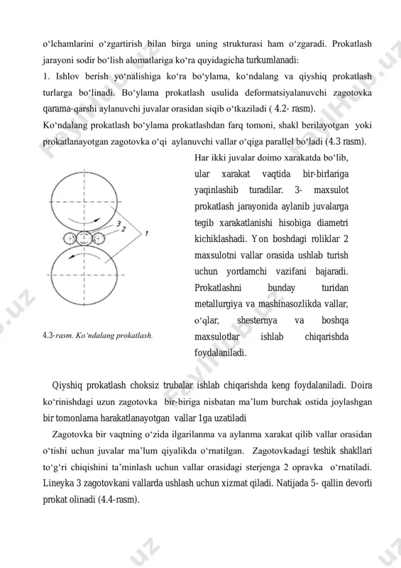 nishdagi uzun zagotovka bir-biriga nisbatan ma’lum burchak ostida joylashgan bir tomonlama harakatlanayotgan vallar 1ga uzatiladi zagotovka bir vaqtning o‘zida ilgarilanma va aylanma xarakat qilib vallar orasidan o‘tishi uchun juvalar ma’lum qiyalikda o‘rnatilgan. zagotovkadagi teshik shakllari to‘g‘ri chiqishini ta’minlash uchun vallar orasidagi sterjenga 2 opravka o‘rnatiladi. lineyka 3 zagotovkani vallarda ushlash uchun xizmat qiladi. natijada 5- qallin devorli prokat olinadi (4.4-rasm). 4.4-rasm. qiyshiq prokatlash. 1-roliklar; 2-opravka; 3-lineyka; 4-zagotovka; 5-qalin devorli prokat maxsulot. 1. prokatlash stanlari ish rejimiga asosan uzluksiz va reversiv turlarga bo‘linadi. 2. prokatlanayotgan metall holatiga ko‘ra qizigan, issiq va sovuq turlariga; 3. maxsulot turlariga ko‘ra listli va sortli; 4. ishchi vallar kesilgan kalibrli va tekis bo‘lishi mumkin. ishlab chiqarishda ikki valli prokatlash jarayonidan keng foydalaniladi. 5. prokatlash jarayoni polosa va juvalar orasidagi tegish sirtlarida hosil buluvchi kuch sxemasiga ko‘ra simmetrik va assimetrik turlarga bo‘linadi. 4.5-rasm. taranglik ( natyajeniem). a) va tiragich (b) bilan prokatlash sxemasi. 1- orqa taranglik; 2-oldi …