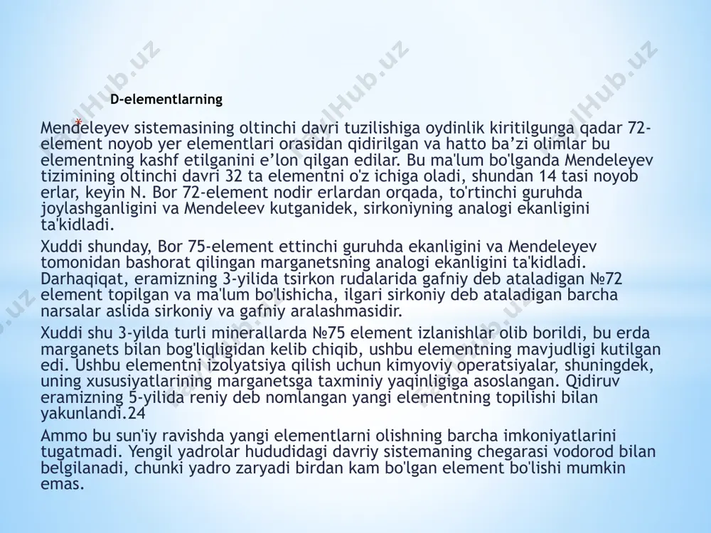 s keladigan birikmalar hosil bo'ladi. o'tish metallarining o'zgaruvchan valentligi ularning xarakterli xususiyatidir (ii va iii yon kichik guruhlarning metallari bundan mustasno). guruhlarning iv, v, vi, vii yon kichik guruhlari metallari birikmalar tarkibiga ham eng yuqori valentlik holatida ham (guruh raqamiga toʻgʻri keladi) ham, quyi valentlik holatlarida ham kirishi mumkin. masalan, titan 2-, 3-, 4-valentlik holatlari bilan, marganets uchun esa 2-, 3-, 4-, 6- va 7-valentlik holatlari bilan tavsiflanadi. o'tish metallarining oksidlari va gidroksidlari, ularda oxirgisi eng past valentlik holatida bo'lib, odatda asosiy xususiyatlarni namoyon qiladi, masalan, fe (oh) 2. yuqori oksidlar va gidroksidlar amfoter xususiyatlarga ega, masalan, tio 2, ti (oh) 4 yoki kislotali. oltinning 1 ta tabiiy, 22 ta radioktiv izotopi olingan. kalaverit - aute2 4ag+8kcn+2h2o+o2 = 4k[ag(cn)2] + 4koh 2k[ag(cn)2] + zn = k2[ag(cn)4] + 2ag 2agno3 + 2naoh = 2nano3 + ag2o + h2o 4au+8nacn+o2 +2h2o=4na[au(cn)2]+4naoh 2na[au(cn)2]+zn = na[zu(cn)4]+2au aucl3 = aucl + ci2 mis gruppachasi elementlariga …