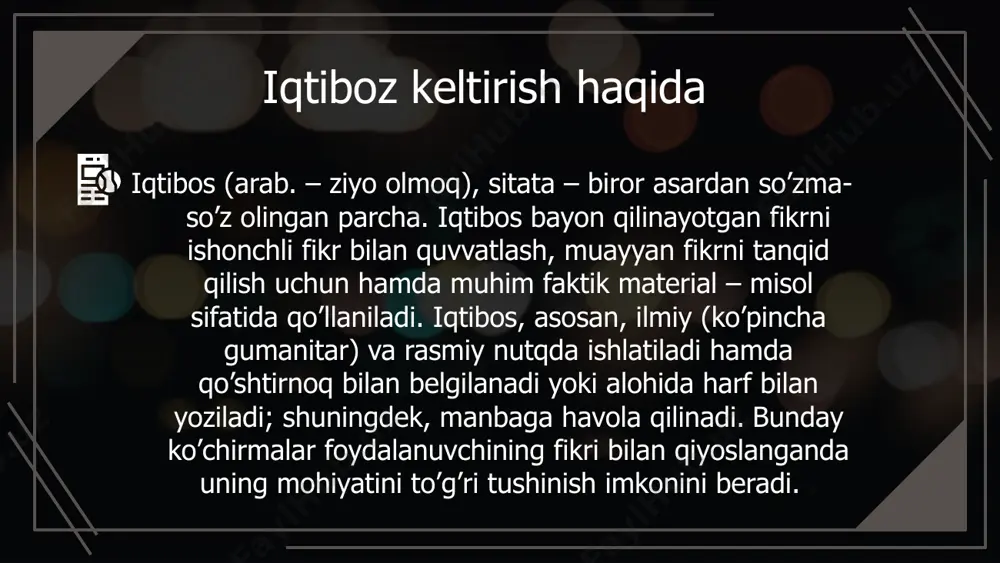 an ko'p emas. � har biri kotirovka u olingan manbaga havolasi bilan birga bo'lishi kerak. parafraza tasviriy ifoda. parafraza. narsa-buyumning nomini aniq atamay, uni tasvirlab anglatadigan so`z birikmasi tasviriy ifoda(yoki parafraza) deyiladi: qushlar - qanotli do`stlar; fazogirlar – samo lochinlari; makkajo`xori - dala malikasi; paxta - oq oltin, rassomlar – mo`yqalam sohiblari. tasviriy ifodalar narsa va hodisalarning ikkinchi nomi hisoblanadi. tasviriy ifodalardagi bitta so`z har doim o`z ma`nosida bo`ladi, shu bilan ular iboralardan farq qiladi. tasviriy ifodalar ham omonimlik, sinonimlik xususiyatlariga ega bo`lishi mumkin. omonim tasviriy ifodalar: aql gimnastikasi – 1) matematika; 2) shaxmat. qora oltin – 1) neft‘; 2) ko`mir. sinonim tasviriy ifodalar: g‟azal mulkining sultoni va o`zbek tilining asoschisi – alisher navoiy; uyg‟onish fasli va fasllar kelinchagi bahor. lug’aviy birliklar haqida ma`lumot lug‘aviy birlik deganda tilning lug‘at boyligiga kiradigan barcha birliklar nazarda tutiladi. bunga birinchi navbatda so`z kiradi. so`zga ma`no jihatidan teng keladigan barcha birliklar ham lug‘aviy birlik …
