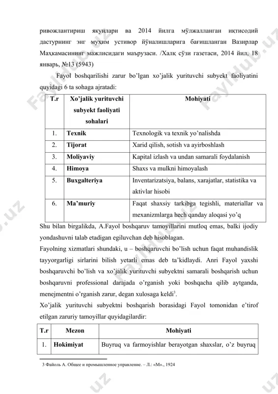ini mutloq emas, balki ijodiy yondashuvni talab etadigan egiluvchan deb hisoblagan. fayolning xizmatlari shundaki, u – boshqaruvchi bo’lish uchun faqat muhandislik tayyorgarligi sirlarini bilish yetarli emas deb ta’kidlaydi. anri fayol yaxshi boshqaruvchi bo’lish va xo’jalik yurituvchi subyektni samarali boshqarish uchun boshqaruvni professional darajada o’rganish yoki boshqacha qilib aytganda, menejmentni o’rganish zarur, degan xulosaga keldi[footnoteref:4]. [4: fayol a. obshee i promishlennoe upravlenie. – l.: «m»., 1924] xo’jalik yurituvchi subyektni boshqarish borasidagi fayol tomonidan e’tirof etilgan zaruriy tamoyillar quyidagilardir: t.r mezon mohiyati 1. hokimiyat javobgarlikdan ajralmasdir buyruq va farmoyishlar berayotgan shaxslar, o’z buyruq va farmoyishlarining oqibatlari uchun javobgardirlar. 2. ixtisoslashgan mehnat taqsimoti mehnatning barcha turlari uchun ham mehnat taqsimoti amal qilishi kerak. bu barcha sharoitlar bir xilda bo’lgan xolatda ko’p va sifatli ishlab chiqarishga imkon beradi. 3. farmoyishning yagonaligi ishchi bitta boshliqdan farmoyish olishi kerak. 4. intizom intizom samaradorlikni oshirishga qaratilgan kelishuvlarni hurmat qilish, mansublik, tirishqoqlik. intizom rahbarlar va oddiy xodimlar uchun …