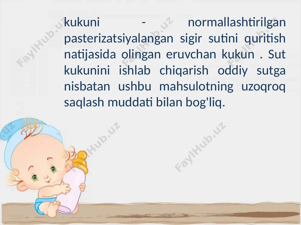 ialga o'tkaziladi. ularda bir-biriga qarab aylanadigan ikkita ichi bo'sh baraban bor va shuning uchun ular ikki rolikli deb ataladi. barabanlardan biri harakatlanuvchi podshipniklarda joylashgan bo'lib, bu barabanlar orasidagi bo'shliqni va shuning uchun quritilgan materialning plyonka qalinligini sozlash imkonini beradi. quritiluvchi mahsulot oziqlantiruvchi orqali barabanlarning ishchi yuzasiga oziqlanadi va ularning yuzasida yupqa plyonka hosil qiladi. baraban aylanayotganda, mahsulot quritiladi, pichoq bilan chiqariladi va keyin vint bilan qurilmadan chiqariladi. quritgich barabanlari ichi bo'sh shaftaga berilgan bug' bilan isitiladi, bug 'kondensati ham xuddi shu val orqali chiqariladi. bug'langan namlikni olib ketadigan havo egzoz trubasiga kiradi. spray quritgichlar 1 – quritish kamerasi, 2 – purkagich, 3 – fanat, 4 – kamerali filtrlar, 5 - qirg'ich, 6 - burg'ulash ular diametri 5 m gacha va balandligi 8 m gacha bo'lgan ichi bo'sh minora shaklida tayyorlangan quritish kamerasidan iborat bo'lib, quritgichga kiradigan mahsulot uning yuqori qismiga kichik tomchilar bilan püskürtülür. bunga yuqori bosimli nozullar orqali purkash, …
