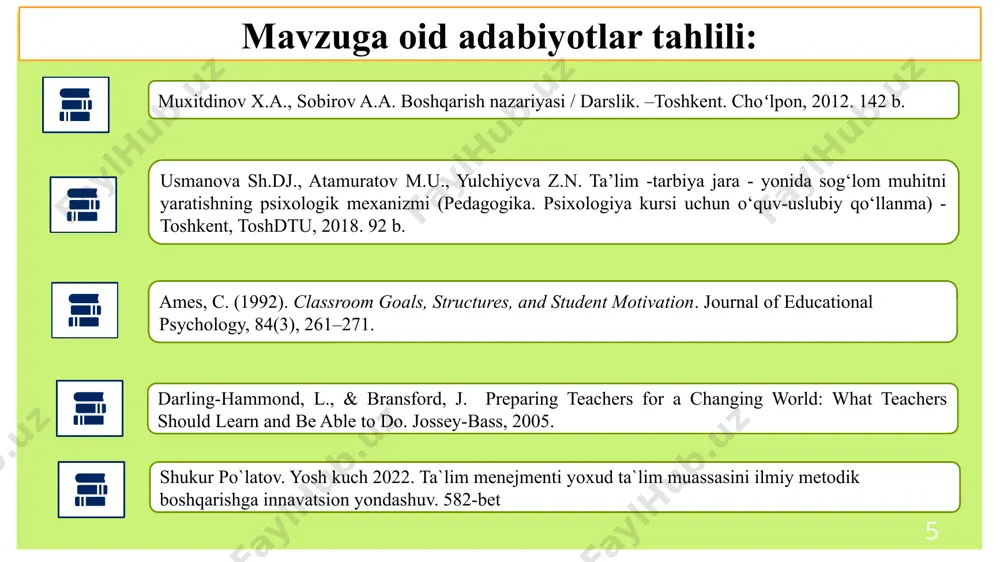 gi baholash tizimi shaffof va aniq bo‘lishi kerak, bunda o‘quvchilarning muvaffaqiyatlari, dars jarayonidagi innovatsiyalar va o‘qituvchining malakasi hisobga olinadi. maktab direktori o‘tibdo’,metod birlashma o‘quv yili davomida o‘qituvchilar o‘z natijalarini bilib, yanada samarali ishlashga intilishadi. 2 yangi pedagogik usullarni joriy etishda qarshiliklar o‘qituvchilarga yangi pedagogik yondashuvlarni o‘rgatish uchun treninglar va seminarlar tashkil qilish maktab direktori o‘tibdo’,metod birlashma o‘quv yili davomida o‘qituvchilar yangi usullarni qo‘llashga tayyor bo‘lib, pedagogik jarayonni yaxshilashadi. 3 o‘qituvchilarga kasbiy malaka oshirish imkoniyatlari yetishmasligi. o‘qituvchilar uchun doimiy ravishda malaka oshirish kurslari, seminarlar va workshoplar tashkil qilish. maktab direktori o‘tibdo’,metod birlashma o‘quv yili davomida o‘qituvchilar o‘z bilim va ko‘nikmalarini yangilab, yangi metodlarni sinab ko‘rishadi. 4 uzoq muddatli ta'lim strategiyalarining yo‘qligi maktabda ta'limni rivojlantirish bo‘yicha aniq strategiyalar va rejalar ishlab chiqish. maktab direktori o‘tibdo’,metod birlashma o‘quv yili davomida maktabda ta'limni rivojlantirish bo‘yicha aniq strategiyalar va rejalar ishlab chiqish. e’tiboringiz uchun rahmat! image2.jpeg image3.png image4.png image5.png image6.png image7.png image8.jpeg image9.jpeg image10.png image11.jpeg …