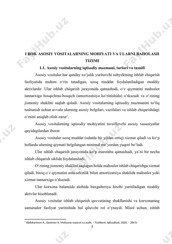 a, unda asosiy vosita quyidagi tarzda baholanadi: 100 000 000 + 5 000 000 + 3 000 000 = 108 000 000 so‘m asosiy vositalar qiymatining eskirishi – bu ularning jismoniy va ma’naviy jihatdan foydalanishga yaroqsiz holga kelishi bo‘lib, bu holat amortizatsiya orqali ifodalanadi[footnoteref:2]. amortizatsiya hisoblash orqali korxona har yili asosiy vosita qiymatining bir qismini tannarxga o‘tkazadi va shu yo‘l bilan aktivlar eskirishini moliyaviy hisobda aks ettiradi. amortizatsiya summasini aniqlashda quyidagi formula keng qo‘llaniladi: [2: abdullaeva d.x. buxgalteriya hisobi va audit asoslari. – toshkent: fan va texnologiya, 2019. – 272 b.] amortizatsiya = (asosiy vosita qiymati – qoldiq qiymat) / foydali xizmat muddati masalan, agar stanokning qiymati 108 million so‘m, qoldiq qiymati 8 million so‘m va foydalanish muddati 5 yil bo‘lsa, unda yillik amortizatsiya quyidagicha hisoblanadi: (108 000 000 – 8 000 000) / 5 = 20 000 000 so‘m bu summaning mahsulot yoki xizmat tannarxiga qo‘shilishi, moliyaviy hisobotlarda aktivlar …