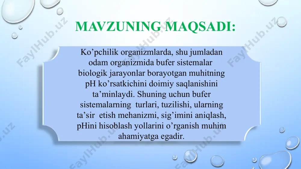 r eritmalarni tayyorlash ma’lum eritmalarni qo’shish orqali bufer eritmalarni tayyorlash mumkin: bunda ikkala eritmalar muvozanat holatda bo’ladi: kuchsiz elektrolitning dissotsiyalanishi; сн3соон ⇆ сн3соо- + н+ (1) 2. tuz ionining gidrolizi; сн3сооna → сн3соо- + na+ ch3coo- + нон ⇆ сн3соон + но- (2) genderson-gasselbax tenglamasi рн = рка – lg рн = рка + lg turli bufer eritmalarning ph qiymatini hisoblash uchun foydalaniladi bufer eritmalarning рн ini hisoblash formulasini quyidagicha keltirib chiqarish: дан сн3соон / сн3соо- nн4 / nн3 * - он н+ - он нон нон buferning ta’sir mexanizmi н+ ¨ + bufer eritmalarning ta’sir mexanizmi сн3соо− + н+ → сн3соон сн3сооna + нcl → сн3соон + nacl сн3соон + −он → нон + сн3соо− сн3соон + naон → нон + н3сcооna nн3 + н+ → +nh4 nн3 + нcl → nh4cl +nh4 + −oh → нон + nн3 nh4cl + naoh → нон + nн3 + nacl bufer …