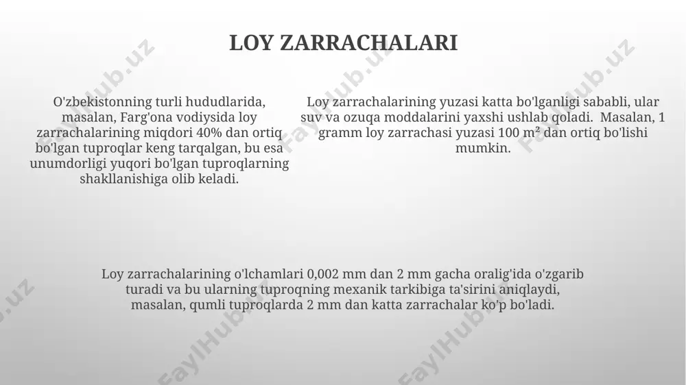 mumkin. pipetka usuli bilan o'lchashda, toshkentdagi laboratoriya sharoitida 0,05 mm dan kichik zarrachalar miqdorini aniqlash uchun 500 ml suv ishlatiladi. pipetka usuli yordamida 10 gramm tuproq namunasi olinganda, 2 mm dan katta zarrachalar miqdori samarqand viloyati sharoitida o'rtacha 15-20% ni tashkil etadi. tuproqning mexanik tarkibini ifodalash tuproqning mexanik tarkibini ifodalashda, 70% dan ortiq qum miqdori qumli tuproqni, 40-70% qum esa qumloq tuproqni, farg'ona vodiysidagi tekshiruvlar shuni ko'rsatdi. namuna olish va tahlil qilish natijalariga ko'ra, samarqand viloyatining 15% maydonini egallagan tuproqlarda gilning miqdori 60% dan yuqori ekanligi aniqlangan. namuna olish va tahlil qilish natijalariga ko'ra, samarqand viloyatining 15% maydonini egallagan tuproqlarda gilning miqdori 60% dan yuqori ekanligi aniqlangan. xulosa xulosa natijalari tuproq unumdorligini baholashda qo‘llaniladi. masalan, 30% dan ortiq loy tarkibi bo‘lgan tuproqlar namangan viloyatida suv yaxshi o‘tkazmaydi. xulosa jarayonida olingan ma’lumotlar, masalan, 70% qum va 30% gil bo‘lgan tuproq namunalari buxoro viloyatidagi paxtachilik uchun mos emasligini ko‘rsatishi mumkin. xulosa tuproqning …