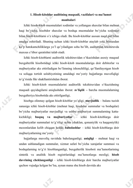 larning to’g’ri hisoblanganligi, buxgalterlik hisoboti ma’lumotlarining sintetik va analitik hisob registrlaridagi ma’lumotlarga mosligi; hisob davrining cheklanganligi – ichki hisob-kitoblarga doir barcha majburiyatlar qachon vujudga kelgan bo’lsa, aynan mana shu hisob davrida aks ettirilganligi; taqdim etish va bayon qilish – ichki hisob-kitoblarga doir majburiyatlarning barchasi hisob va hisobotga oid me’yoriy hujjatlarga muvofiq bayon qilingan, turkumlangan va taqdim qilinganligi. qo’yilgan maqsadga erishish uchun auditorlik tekshiruvida quyidagi vazifalar hal etilishi lozim. ichki hisob-kitoblar auditida hal etiladigan vazifalar auditning vazifalari ichki hisob-kitoblar muomalarini auditorlik tekshiruvidan o’tkazish bo’yicha savollar 1. ichki hisob-kitoblarga doir muomalalarni hisobga olish va ichki nazorat samaradorligining holatini baholash mehnat haqi to’lash va hisobdor summalarni berishni belgilovchi hujjatlarning mavjudligi va tahlili. kadrlar, ish vaqti va ishlab chiqarilgan mahsulot (ish, xizmat) hisobini hujjatlashtirishning tashkil etilishini baholash. haq to’lash va ish haqidan ushlanadigan summalar turlarining klassifikatori (turkumlagichi) mavjudligi. ish haqi va hisobdor summalar berilishi ustidan nazorat. hisobot ko’rsatkichlarining sintetik va analitik hisob registrlari ma’lumotlariga …