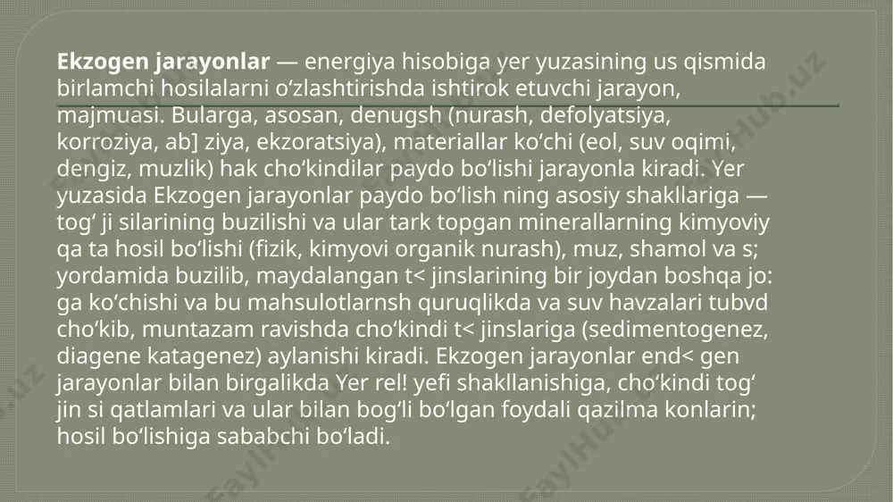 . ba'zi mox turlari keyinchalik individual qismlari kon konglomeralarının irib-chirib bo'lgan kimyoviy reaktsiya ozod kislotasi, bir manbai sifatida harakat qilishi mumkin. organik (biologik) n. oʻsimlik va organizmlarning togʻ jinslariga taʼsiri natijasida sodir boʻladi. bunda yer yuzasidagi oʻsimliklar asosiy omillardan hisoblanadi. oʻsimliklarning ildizi togʻ jinslari orasiga yorib kirib, ularni turli boʻlaklarga ajra-tadi va darzlarni kengaytiradi. chirigan ildizlardan kirgan suv togʻ jinslarida muzlab, n. jarayonini tezlashtiradi. yerdagi mikroorganizmlar gil va lyoss jinslari orasida koʻp miqdorda gʻovaklar hosil qilib ularni yemi-radi. n. jarayoni natijasida turli choʻkindi jinslar va koʻpgina foydali qazilmalar (kaolin, oxra, oʻtga chidamli tuproklar, qum, temir, alyuminiy, marganets, nikel, kobalt, oltin, platina sochmalari va boshqalar) hosil boʻladi.[1 nurash qobigʻi deb kimyoviy nurashga uchragan elyuviyga aytiladi. uning qalinligi pastki zonalar hisobiga, pastki zonalari esa tub jinslar hisobiga oshib boradi. nurash qobigʻining qalinligi 30 — 40 m ni tashkil etadi. baʼzan 100-200 m gacha yetishi mumkin. eng qalin nurash qobigʻi tropic va subtropiklarda …