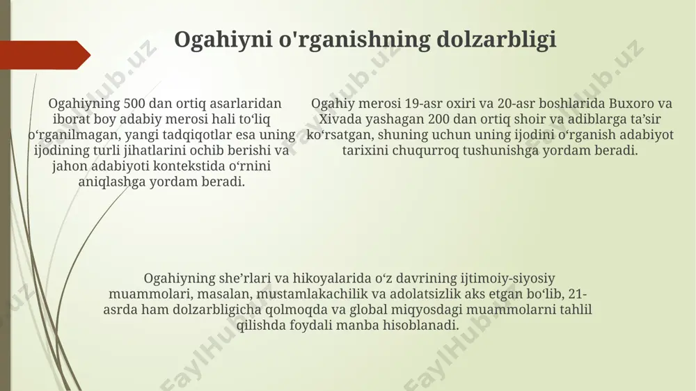 namoyon etadi. uning g'azallarida 7-8 baytlik an'anaviy tuzilmalardan tashqari, 5-6 baytli qisqa g'azallar ham uchrab, o'ziga xos badiiy uslubni namoyon etadi. ogahiyning ruboiylari va falsafiy qarashlari ogahiyning ruboiylarida buxoro va samarqand kabi shaharlarning tarixiy voqealari va ijtimoiy hayotini aks ettiruvchi 50 ga yaqin misra kuzatiladi. uning 19-asr oxiri va 20-asr boshlarida yaratilgan ruboiylarida mistiklik va sufilikka oid 7 dan ortiq falsafiy tushunchalarni uchratish mumkin. ogahiyning 200 dan ortiq ruboiylari mavjud boʻlib, ularning aksariyati insoniyatning mavjudot maʼnosi, oʻlim va abadiylik kabi mavzulardagi falsafiy mulohazalari bilan boyitilgan. ogahiyning maqollari va hikmatli so'zlari ogahiyning 100 dan ortiq maqollari va hikmatli so'zlari "devoni ogahiy" asarida to'plangan bo'lib, ularning aksariyati buxoro va samarqand shaharlarining o'sha davr hayotiga oid kuzatishlarni aks ettiradi. uning maqollari orasida insoniy fazilatlar, adolat, mehr-oqibat kabi mavzularda 20 dan ortiq hikmatli gaplar mavjud bo'lib, ularning ba'zilari hozirgi kunda ham o'z dolzarbligini yo'qotmagan. ogahiyning maqol va hikmatlarida turkiy va fors tillarining lug'aviy boyliklaridan …