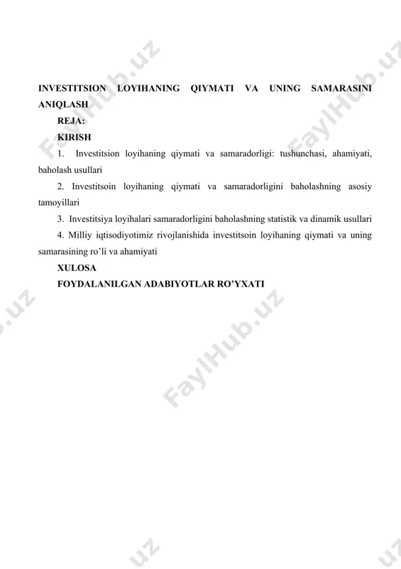 y-iqtisodiy inqiroz investitsiya loyihalari ijtimoiy-iqtisodiy samaradorligini baholashda tijorat banklari oldiga yangi va murakkab bo’lgan qator vazifalarni qo’ydi. o’zbekiston iqtisodiyotining, umuman, jahon iqtisodiyotining kelgusi taraqqiyoti, asosan, investitsiyalarga bog’liqligini bugungi kunda deyarli ko’pchilik anglab yetgan. milliy iqtisodiyotni modernizatsiyalash sharoitida respublikamiz iqtisodiyotiga investitsiyalarni, xususan, chet el investitsiyalarini kengroq jalb etish mamlakatimizda amalga oshirilayotgan iqtisodiy islohotlarning samarali ijrosini ta’minlashga muhim hissa qo’shadi. bu esa, milliy iqtisodiyotda amalga oshirilayotgan investitsiya loyihalari samaradorligini baholashga bo’lgan e’tiborni yanada kuchaytirishi bilan dolzarb ahamiyat kasb etadi. kurs ishining maqsad va vazifalari. investitsiya loyihalari samaradorligini baholashning jahon tajribasi, tendentsiyalari va muammolaridan tadqiq etgan holda o’zbekistonda investitsiya loyihalarini samaradorligini baholashni takomillashtirish yuzasidan taklif-tavsiyalar ishlab chiqish hisoblanadi. kurs ishi oldiga qo’yilgan maqsaddan kelib chiqqan holda quyidagi asosiy vazifalar qo’yildi va yechildi: - milliy iqtisodiyotini rivojlantirishda investitsiyalarlarning o’rni va ahamiyati yoritish; - investitsiya loyihalari samaradorligini baholashning ahamiyati va ob’ektiv zarurligini asoslash; - inqirozdan keyingi sharoitida o’zbekistonda investitsiya faoliyatining asosiy yo’nalishlarini ochib berish; - …