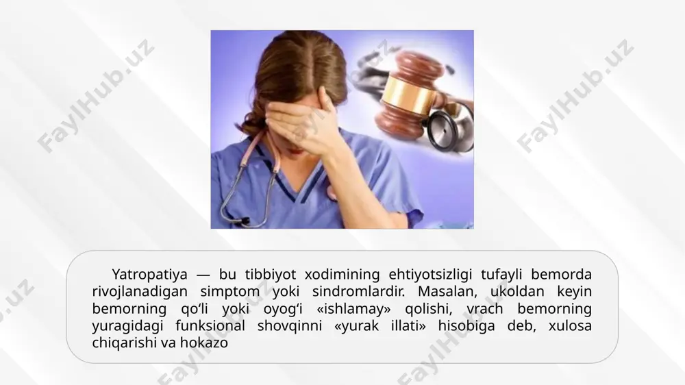 hmagan va ishtahasi saqlangan bo'lishi tuzalish uchun yaxshi alomat. gippokrat yatropatiyaning tasnifi. 1. travmatik kelib chiqishi yatropatii . bu tug'ruq paytida bolaning shikastlanishi, noto'g'ri bajarilgan jarrohlik operatsiyasining oqibatlari, o'murtqa ponksiyon, behushlik, in'ektsiya texnikasini buzish natijalari va boshqalarni o'z ichiga oladi. 2. intoksikatsiya kelib chiqishi yatropatiyasi . bularga quyidagilar kiradi: dorilarni noto'g'ri tanlash, ularning dozalari, shifokor tomonidan o'z vaqtida aniqlanmagan ma'lum toksik (dorivor) moddalarga bemorning moyilligidan kelib chiqadigan asoratlar; bemorning tanasiga davolanish uchun kerak bo'lmagan preparatni kiritish. bu, shuningdek, o'z-o'zini davolash maqsadida farmakologik preparatlarni noto'g'ri o'ylangan, ommaviy foydalanishning aholi uchun oqibatlarini o'z ichiga olishi kerak; dori vositalarining toksik ta'sirining organizmga zararli ta'sirini etarlicha baholamaslik, tana tizimlari va organlarining turli xil va tartibsiz qabul qilingan farmatsevtik preparatlar bilan ifloslanishi. 3. yuqumli kelib chiqishi iatropatii. bularga sarum va vaktsinalarni qo'llashdan keyingi salbiy ta'sirlar, tibbiyot xodimining aybi bilan bog'liq holda yuzaga keladigan turli xil asoratlar kiradi. 4. yatropatii tashkiliy fon. bemorlarni tekshirish, davolash va …