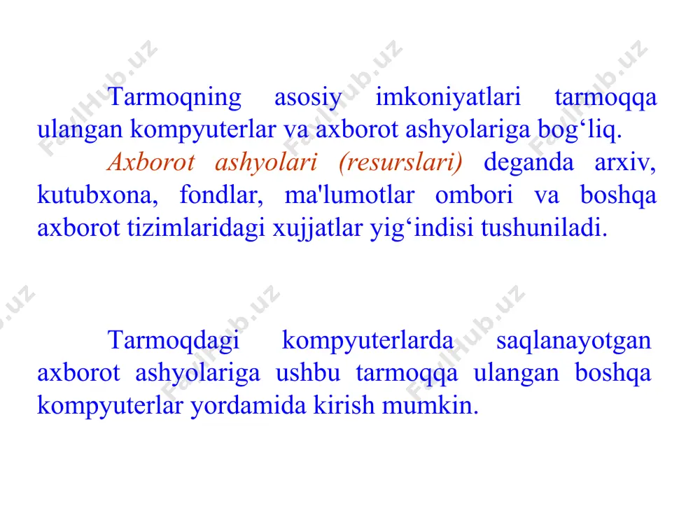 tarmoqlarida ma'lumotlar dasturlar yordamida kichik bloklarga bo‘linadi va bir kompyuterdan ikkinchisiga uzatiladi. bunday bloklar paketlar deb ataladi paket 0,5-4 kb sarlovha treyler ma'lumot (bir qismi) axborot (ma'lumotlar fayli) ma'lumotlar odatda fayllarda saqlanadi. tarmoqda fayllarni bloklarga bo‘lmasdan ikkinchi foydalanuvchiga uzatish kanalni (aloqa liniyalari) band qilishga olib keladi. bundan tashqari katta hajmdagi bloklarni yuborish ko‘p vaqt talab qiladi paket – kompyuter tarmoqlaridagi axborotning asosiy o‘lchov birligi hisoblanadi. ma'lumotlarni paketlarga bo‘lish o‘z navbatida uzatish tezligini oshiradi va tarmoqning boshqa foydalanuvchilariga tarmoqda axborot almashish imkonini beradi ma'lumotlar blokini paketlarga bo‘lishda tarmoq operatsion tizimi paketdagi ma'lumotga qo‘shimcha axborot ya'ni sarlovha va treyler qo‘shib yuboradi. sarlovha – yuboruvchi adresi, paket qaysi blokning qaysi qismiga tegishliligi xaqidagi axborotlarni saqlaydi. treyler – yuborilayotgan paketning xatosiz yetib borishini tekshiruvchi axborotni o‘z ichida saqlaydi. agar xatolik bo‘lsa treyler paketni qayta yuborilishini talab qiladi kompyuter tarmoqlarida ma'lumot yuborishni tashkil etish kompyuterlar orasida ma'lumotlarni almashish parallel yoki ketma-ket amalga oshirilishi mumkin  …