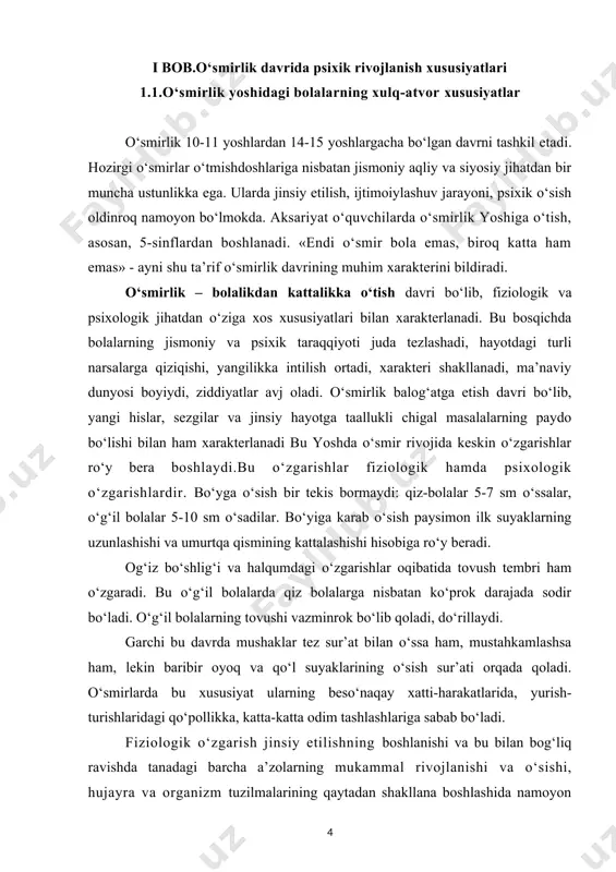 ida uning psixik dunyosida tub burilish nuqtasi vujudga keladi. o‘smirlik yoshida ularning xulq-atvoriga xos bo‘lgan alohida xususiyatlarni jinsiy etilishning boshlanishi bilan izohlab bo‘lmaydi. jinsiy etilish o‘smir xulq-atvoriga asosiy biologik omil sifatida ta’sir ko‘rsatib, bu ta’sir bevosita emas, balki ko‘proq bilvositadir. o‘smirlar o‘zlarini kattalardek tutishga harakat qiladilar. ular o‘zlarining layoqat, qobiliyat va imkoniyatlarini ma’lum darajada o‘rtoqlari va o‘qituvchilariga ko‘rsatishga intiladilar. bu holatni oddiy kuzatish yo‘li bilan ham osongina ko‘rish mumkin. o‘smirlik davri «o‘tish davri», »krizis davr», «qiyin davr» kabi nomlarni olgan psixologik ko‘rinishlari bilan xarakterlanadi. chunki, bu yoshdagi o‘smirlarning xatti-harakatida muqobil, yangi sharoitlarda o‘z o‘rnini topa olmaganligidan psixik portlash hollari ham kuzatiladi. o‘z davrida l.s. vigotskiy bunday holatni “psixik rivojlanishdagi krizis» deb nomlagan. kichik maktab davridan so‘ng bola alohida olingan shaxs sifatida o‘z-o‘ziga munosabatini shakllantirish jarayonida asosan ikki bosqichni boshidan kechiradi. bu bosqichlar o‘smirlik yoshini ikki xil davrga - kichik o‘smirlik davri va katta o‘smirlik davrlariga to‘g‘ri keladi. birinchi bosqichda o‘smir …