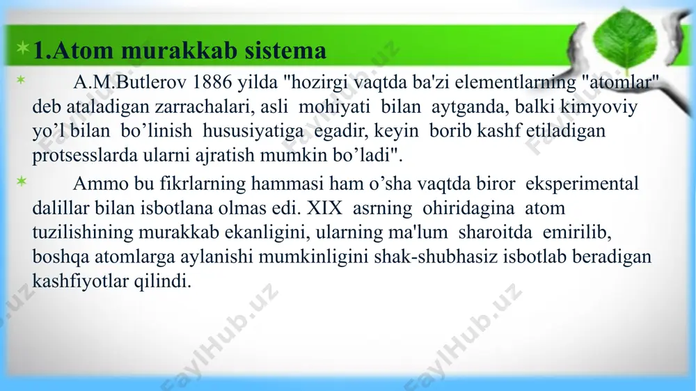 yadrosiga to’plangan. 3.d.i.mendeleevning davriy qonuni 4.elementlar davriy sistemasi zamonaviy davriy sistemalarda elementlar quyidagicha sinflangan: jami 118 ta element mavjud bular.. 1. metallmaslar-h, c, n, o, p, s, se 2. ishqoriy metallar-6 3. ishqoriy-yer metallar-6 4. inert gazlar-he, ne, ar, kr, xe, rn, uuo 5. yarim metallar-b, si, ge, as, sb, te, po 6. galogenlar-f, cl, br, i, at,uus 7. oraliq metallar-38 ta 8. oraliqdan keyingi metallar-11 ta 9. lantanoidlar-14 10. aktinoidlar.-14 5.kimyoviy bog’lanish kimyoviy elementlar o’rtasida vujudga kelgan bog’lanish kimyoviy bog’lanish deyiladi. 1. kovalent bog’lanish a) qutbsiz kovalent b) qutbli kovalent c) donor - akseptor 2. ionli 3. metall 4. vodorod a) ichki molekulyar b) molekulalararo kovalent bog’lanish umumiy elektron juft hisobiga vujudga kelgan bog’lanish kovalent bog’lanish deyiladi. qutbsiz qutbli elektromanfiylik qiymatlari teng yoki biroz farq qiladigan elementlar orasida (0 dan 0,4 gacha) elektromanfiylik qiymatlari farq qiladigan elementlar orasida (0,4 dan 1,8 gacha) metalmas + metalmas metalmas + metalmas f2, …