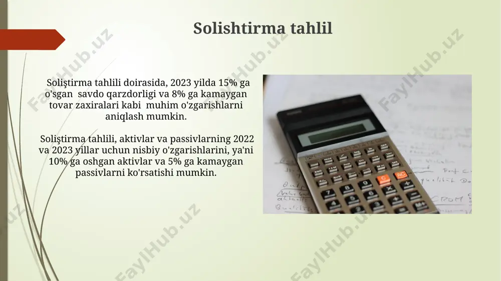 'sishi majburiyatlar yoki kapitalning o'sishini keltirib chiqaradi. masalan, 20.000 so'mlik kredit olish (majburiyatlarning o'sishi) aktivlarni 20.000 so'mga oshiradi. aktivlar, majburiyatlar va kapital o'rtasidagi asosiy bog'liqlikni aks ettiruvchi asosiy tenglama: aktivlar = majburiyatlar + kapital hisoblanadi. bu tenglama korxona moliyaviy holatini ifodalaydi. egalarning kapitali egalarning kapitali kompaniyaning sof aktivlarini ifodalaydi va u o'zgaruvchan bo'lib, foyda yoki zarar, dividendlar to'lash va qo'shimcha kapital jalb qilish kabi omillar ta'sirida o'zgaradi. egalarning kapitali balansda aktivlar va majburiyatlarning farqi sifatida ko'rsatiladi, ya'ni aktivlar majburiyatlardan 100.000 so'm ko'p bo'lsa, egalarning kapitali 100.000 so'mni tashkil etadi. majburiyatlar: umumiy nuqtai majburiyatlarning turlari turlicha bo'lib, ularga qarzlar, to'lanishi kerak bo'lgan hisob-kitoblar, kechiktirilgan daromadlar va boshqa shunga o'xshash majburiyatlar kiradi; ularning umumiy miqdori balansda aniq ko'rsatiladi. uzoq muddatli majburiyatlar, masalan, 3 yillik ipoteka krediti yoki 5 yillik obligatsiyalar, qisqa muddatli majburiyatlardan farqli o'laroq, bir yildan ortiq davom etadi. aktivlar: umumiy nuqtai aktivlar balansdagi kompaniyaning egalik qiladigan va nazorat qiladigan barcha …