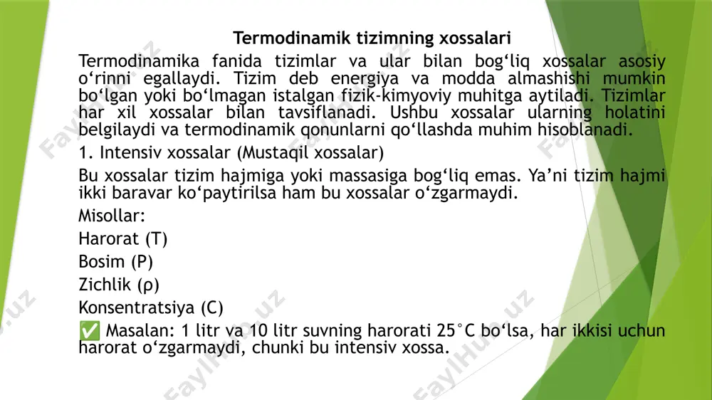 =w bu holda tizimning ichki energiyasidagi o‘zgarish δu=0 bo‘ladi. adiabatik jarayon (issiqlik almashinuvi yo‘q): agar tizimda issiqlik almashinuvi bo‘lmasa (yoki juda kam bo‘lsa), demak bu adiabatik jarayon bo‘ladi. formulasi: q=0⇒δu=−w bu yerda issiqlik almashinuvi yo‘q, shuning uchun tizimning ichki energiyasidagi o‘zgarish faqat ish bilan belgilanadi. izokor jarayon (volyum doimiy): bu jarayonda, tizimning hajmi doimiy bo‘ladi, ya’ni gazning kengayishi yoki siqilishi sodir bo‘lmaydi. formulasi: w=0⇒δu=q demak, tizimning ichki energiyasi faqat issiqlikdan o‘zgaradi. izobar jarayon (bosim doimiy): bu jarayonlarda tizimning bosimi doimiy saqlanadi, lekin hajm o‘zgaradi va ish bajariladi. formulasi: w=pδv⇒δu=q−pδv bu erda p — bosim va δv — hajmning o‘zgarishi. iii. tajribaviy qism iii.1. kerakli asbob va reaktivlar asbob-uskunalar: аrаlаshtirgichli shishа idish yoki 0,5 l sig‘imli dyuаr idishi; 0,5 l sig‘imli stаkаn; bеkmаn tеrmоmеtri; tuz uchun аmpulа; shishа tаyoqchа; аnаlitik tаrоzi; chinni xоvоnchа; tеxnik tаrоzi; sekundomer. reaktivlar:kno3; na2so4; nacl; distillаngаn suv. iii.2.termokimyo, gess va kirxgoff qonunlaridan reaksiyaning issiqlik effektini aniqlash. kalorimetrik …