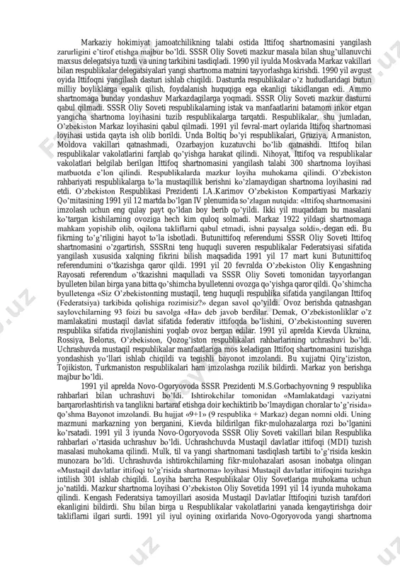 ajratildi. erga muhtoj 381 ming oilaga tomorqa erlari berildi, 372 ming oila o’z tomorqalarini kengaytirib oldi. shu maqsadlar uchun jami 150 ming gektar er ajratildi. respublikada «ish bilan táminlash» dasturi ishlab chiqildi. ana shu dasturga binoan 1990 yilda 300 ming kishi, asosan yoshlar ish bilan táminlandi. aholining kam daromadli qismini ijtimoiy jihatdan himoyalash uchun 1990 yilda byudjetdan va korxonalr hisobidan 142 mln. so’m qo’shimcha mablag’ ajratildi. 1990 yil 18 fevralda o’zbekiston oliy sovetiga saylov bo’ldi. bu saylovlarning yangiligi shundan iborat bo’ldiki, 500 saylov okrugining 326 tasida muqobil nomzodlar ko’rsatildi. oldingi saylovlarda barcha nomzodlar birinchi turdayoq deyarli 100 foiz ovoz bilan saylangan bo’lsalar, bu safar birinchi turda 368 nomzod zarur ovozlarni to’play oldi. qolgan 132 okrugda qayta saylovlar bo’lib o’tdi. 1990 yil 24-31 mart kunlari toshkentda o’n ikkinchi chaqiriq o’zbekiston ssr oliy sovetining birinchi sesiyasi bo’lib o’tdi. 24 mart kuni sessiya respublikalar orasida birinchi bo’lib «o’zbekiston ssr prezidenti lavozimini tásis etish …
